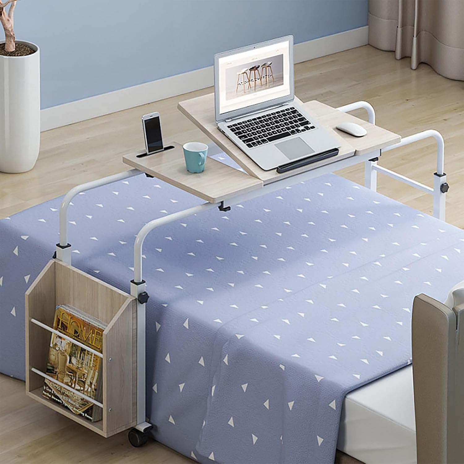 Overbed Table with Wheels, Queen Size Over Bed Desk with Adjustable Tilt Stand, Laptop Tray with Height and Length Frame Adjustment, for Hospital and Home Use(Wood Color,120cm/47in)