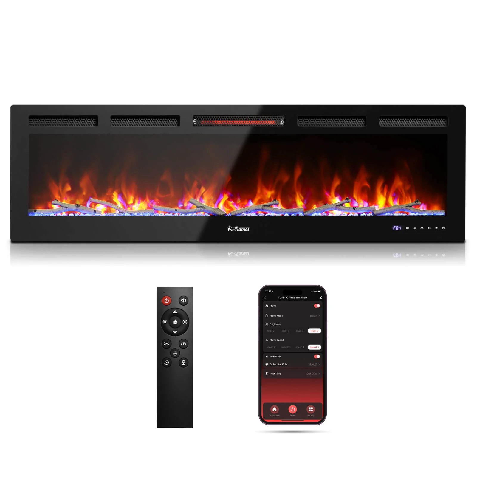 TURBRO In Flames INF60W-3D WiFi Smart Wall Mounted Electric Fireplace, 1500W Infrared Quartz Heating - Tempered Glass (707-98-185A)