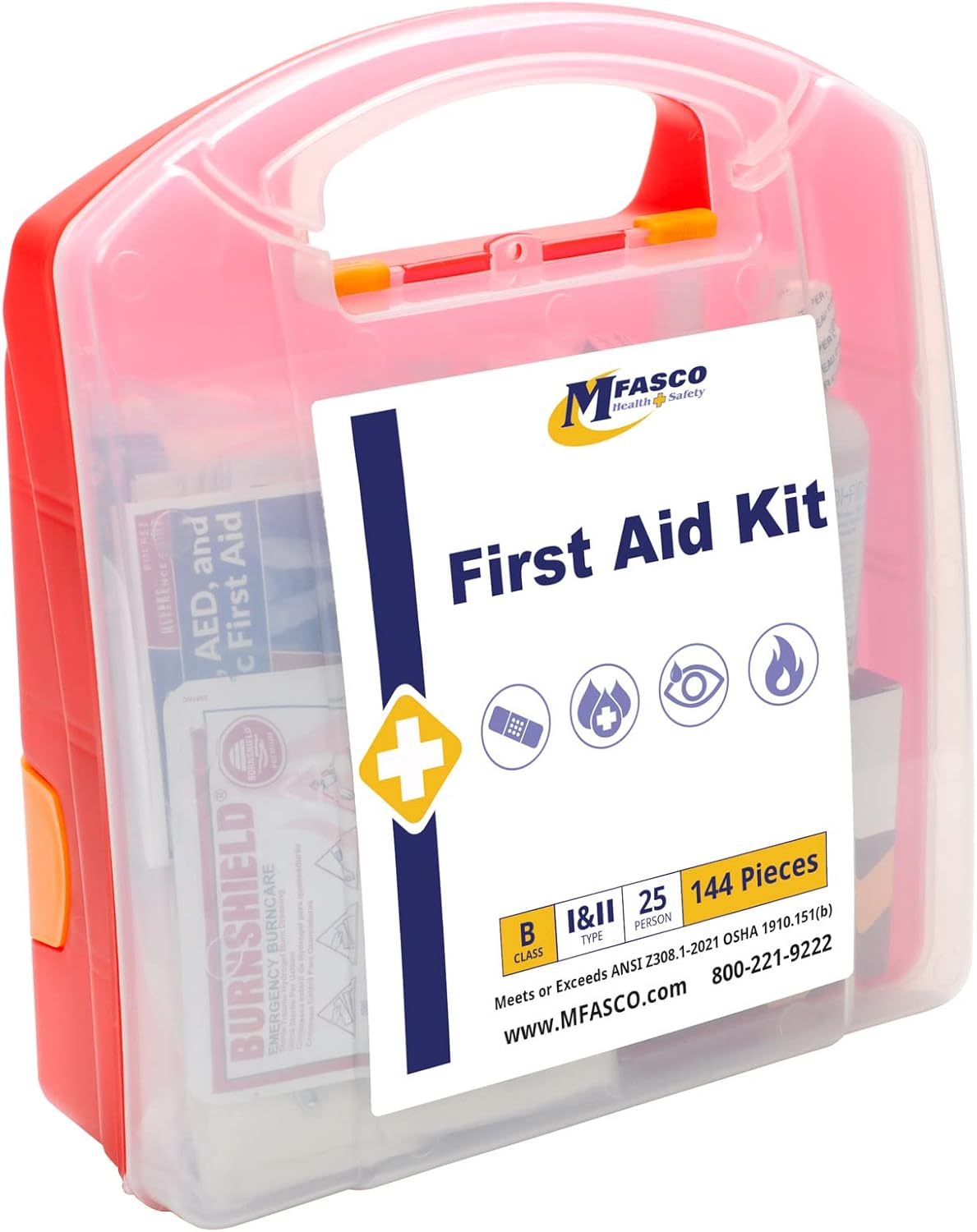 MFASCO ANSI Class B First Aid Kit - Durable Plastic First Aid Box for Business, Workplace Kit for Home - Fully Stocked with Essential Supplies for Safety & Emergencies, Economical Kit Box