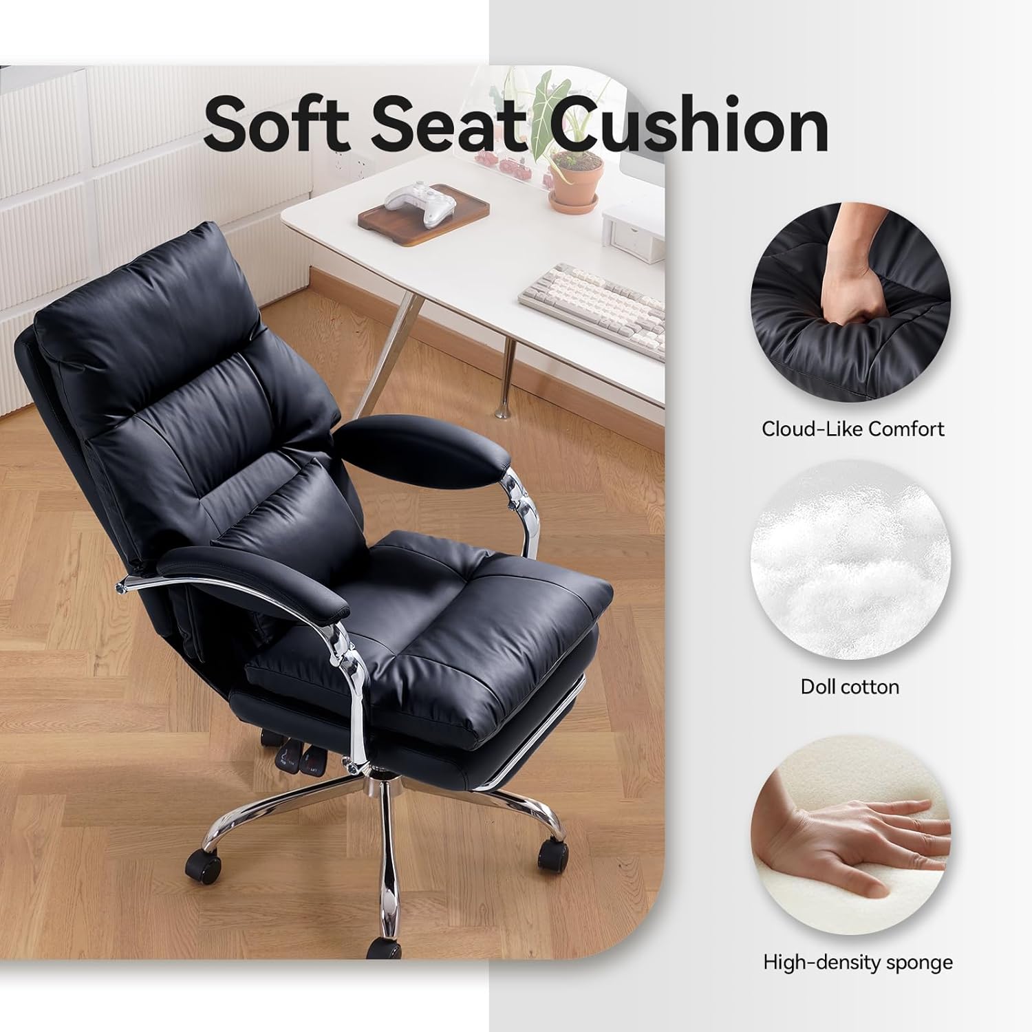 LEAGOO Office Chair with Foot Rest, Executive Reclining Office Chairs with Arms, Ergonomic High Back PU Leather Comfy Swivel Computer Desk Chairs with Wheels and Lumbar Support for Home Office, Black