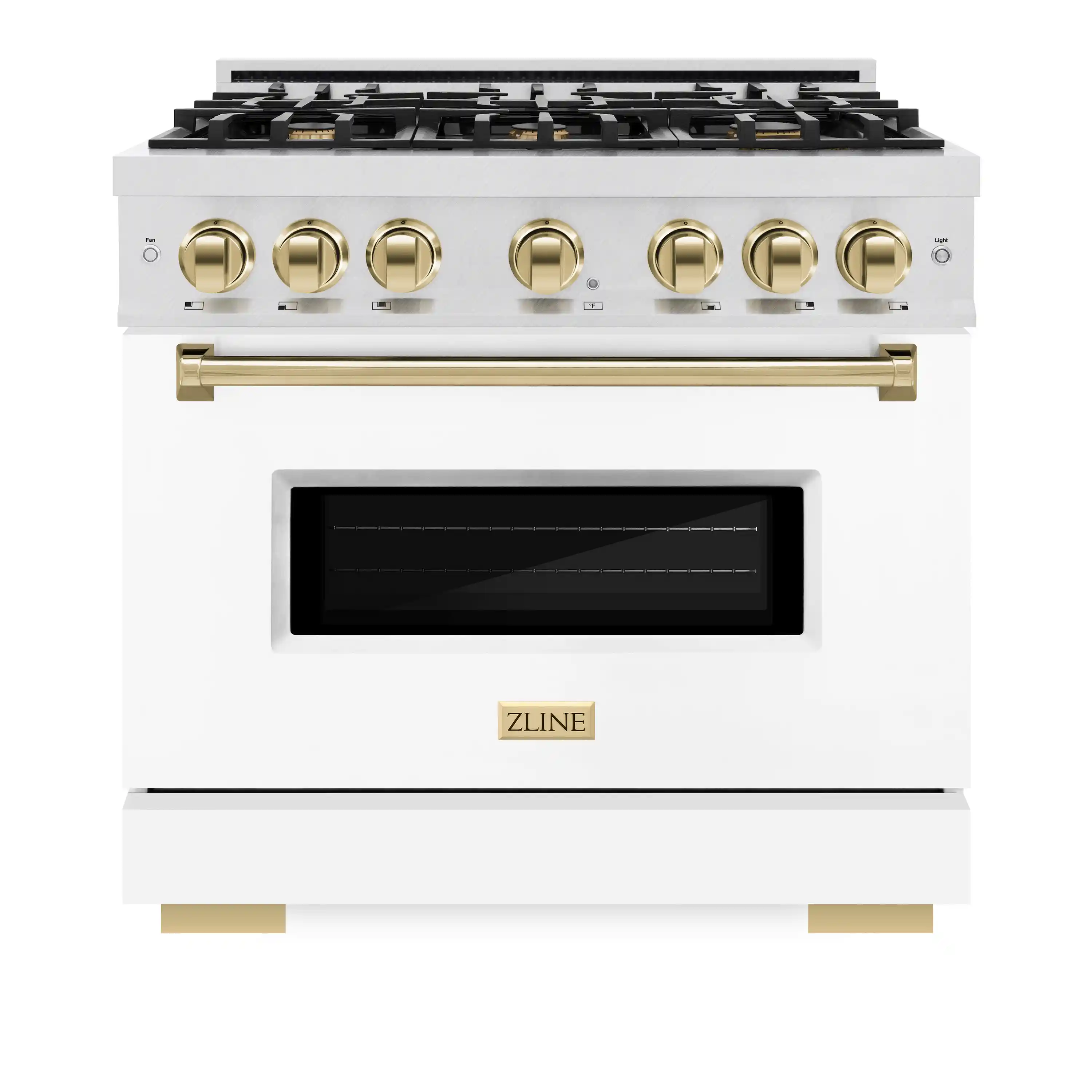 ZLINE 36-Inch Autograph Edition Freestanding Gas Range in Satin Stainless Steel with White Matte and Gold (CGRSZ-WM-36-G)
