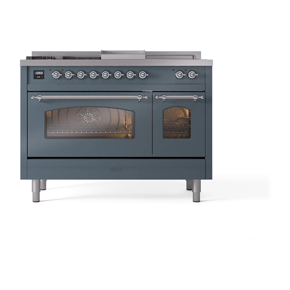 ILVE Nostalgie II 48-Inch Dual Fuel Range with 5 Burners, Griddle, & French Top with Triple Glass Door Oven in Blue Grey with Chrome Trim (UP48FSNMPBGC)
