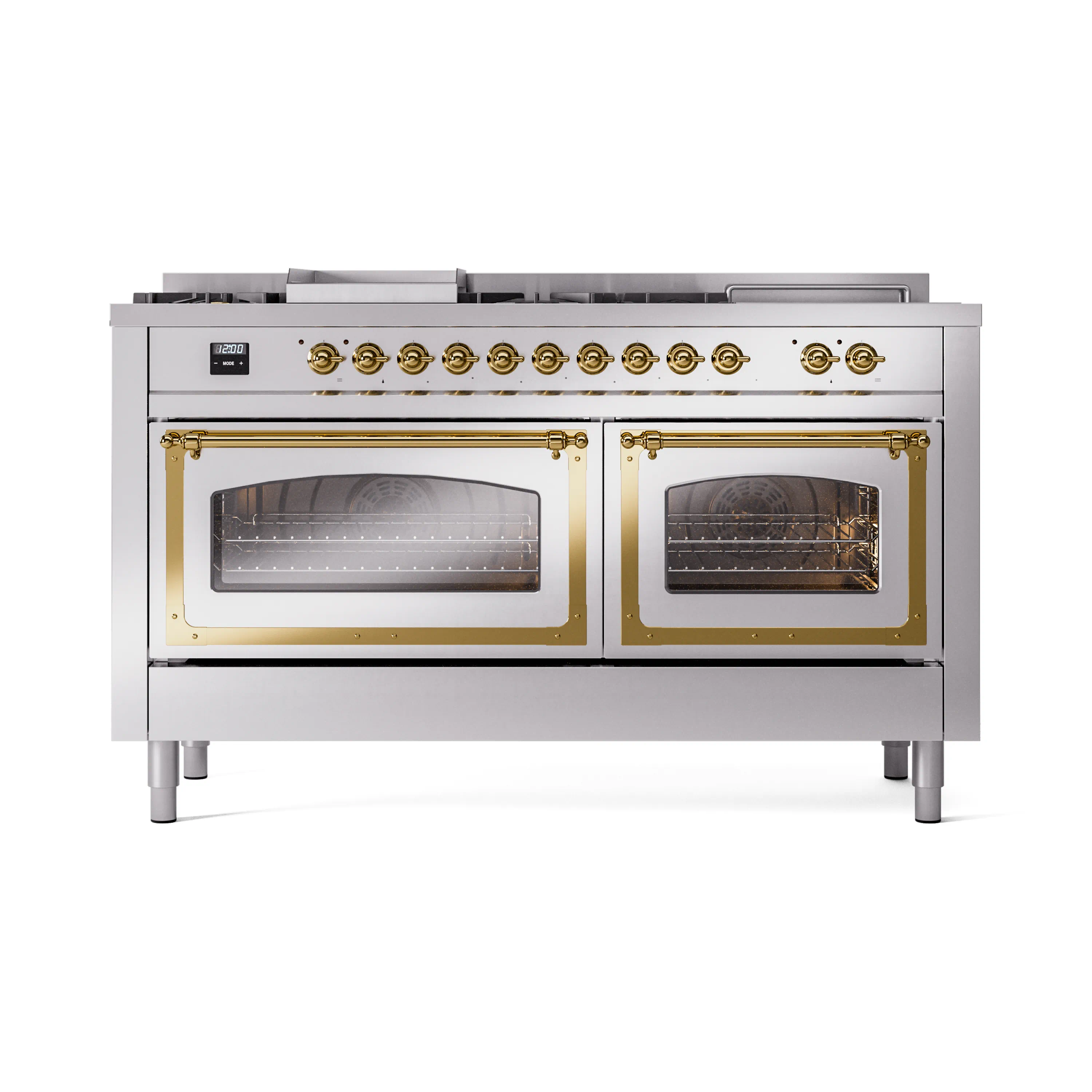 ILVE 60-Inch Nostalgie II Noblesse Dual Fuel Range with 7 Sealed Burners, Griddle, French Top, and Triple Glass Door Oven in Stainless Steel with Brass Trim (UN60FSNMPSSG)