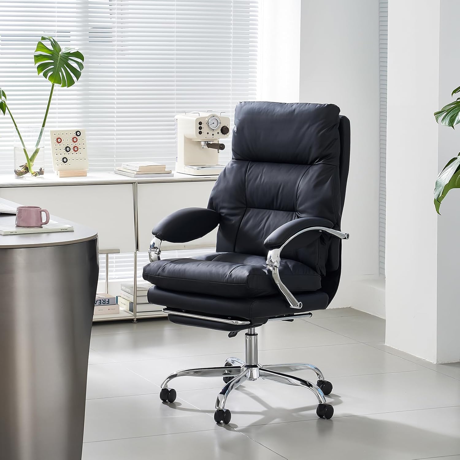 LEAGOO Office Chair with Foot Rest, Executive Reclining Office Chairs with Arms, Ergonomic High Back PU Leather Comfy Swivel Computer Desk Chairs with Wheels and Lumbar Support for Home Office, Black