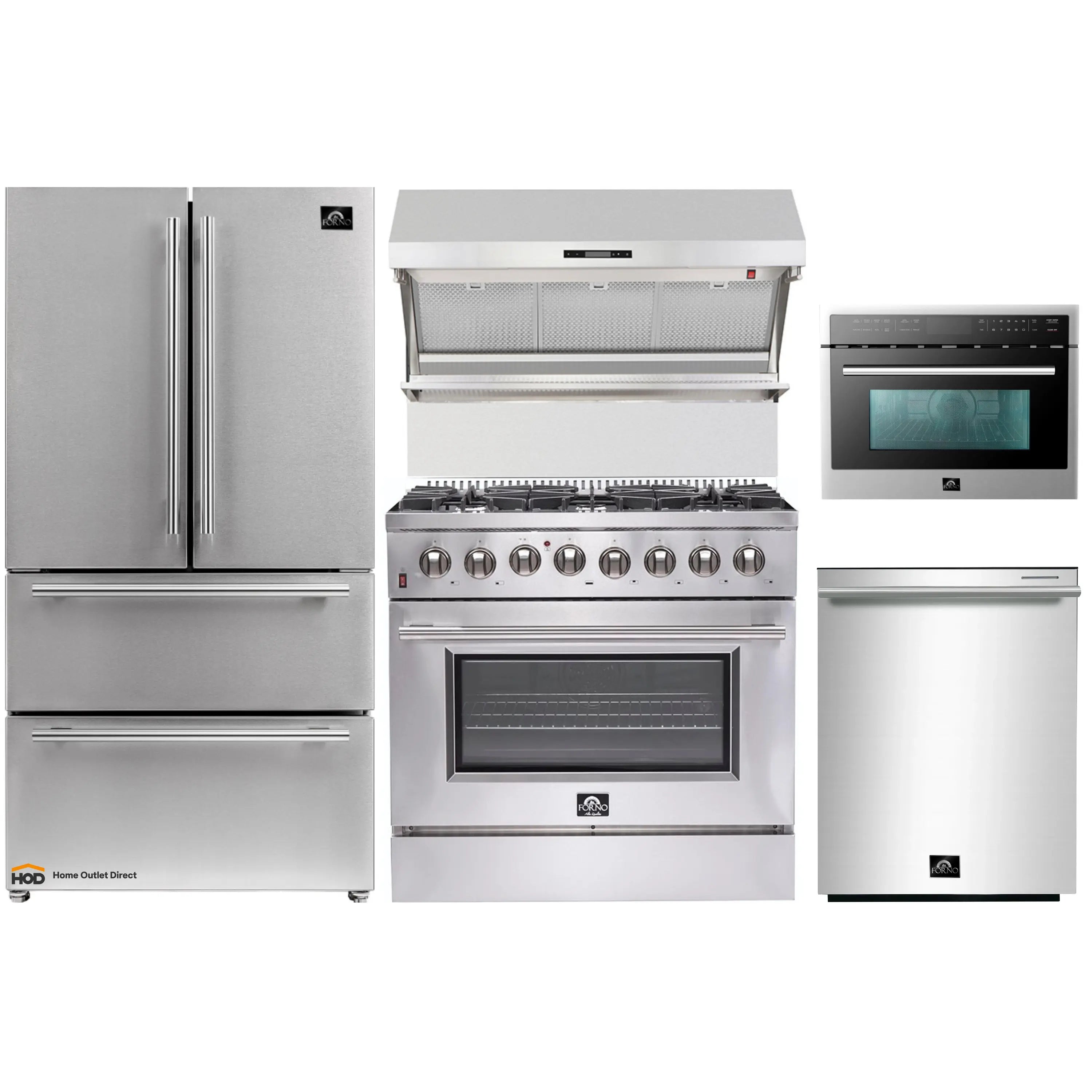 Forno 5-Piece Appliance Package - 36-Inch Dual Fuel Range, Refrigerator, Wall Mount Hood with Backsplash, 24-Inch Microwave Oven, & 3-Rack Dishwasher in Stainless Steel