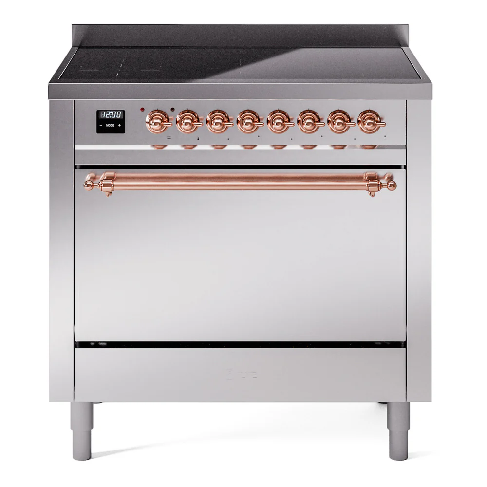 ILVE 36-Inch Nostalgie II Induction Range with Solid Door Oven in Stainless Steel with Copper Trim (UPI366QNMPSSP)