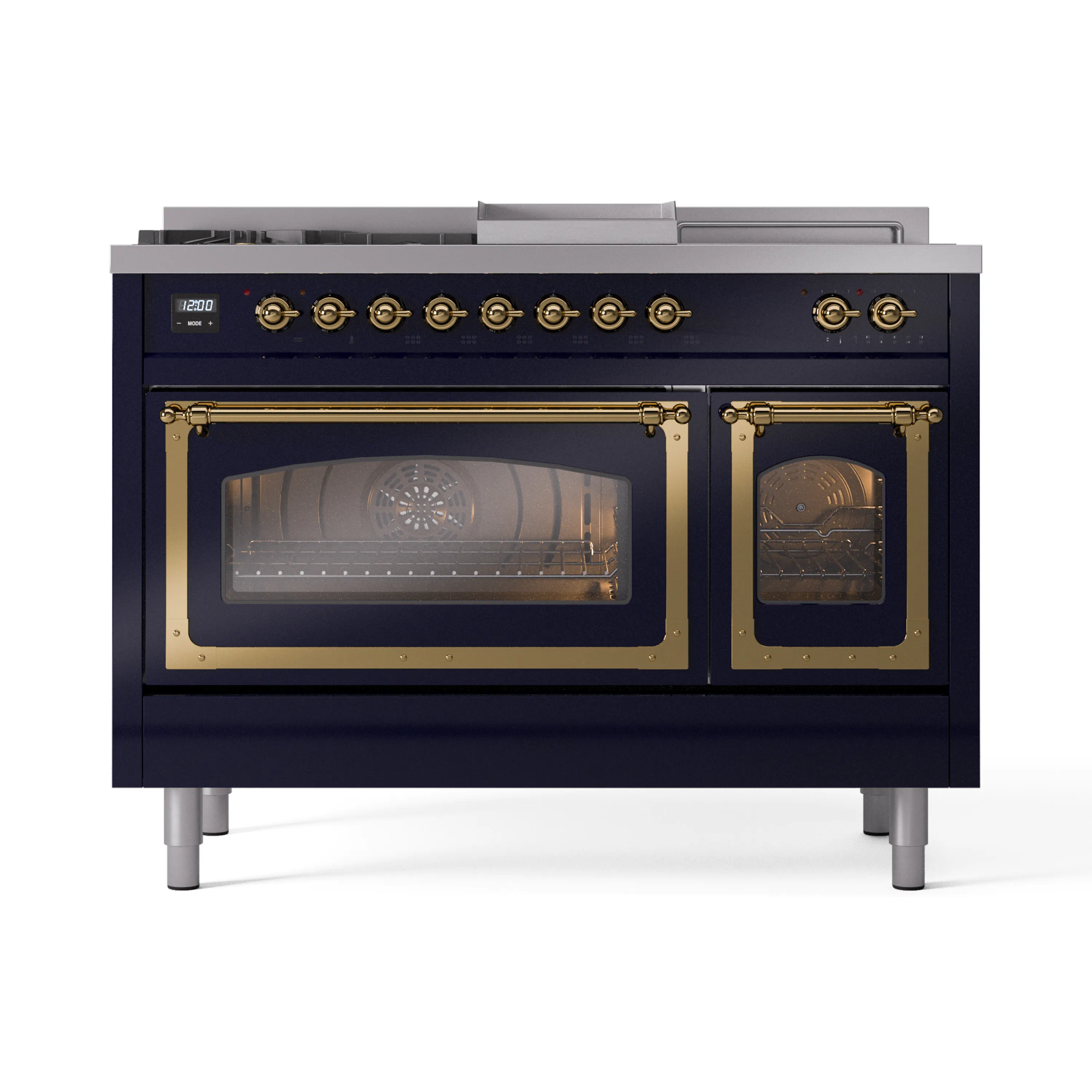 ILVE 48-Inch Nostalgie II Noblesse Dual Fuel Range with 5 Sealed Burners, Griddle, French Top and Triple Glass Door Oven in Midnight Blue with Brass Trim (UN48FSNMPMBG)