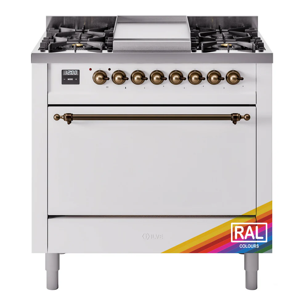 ILVE 36-Inch Nostalgie II Dual Fuel Range with 6 Burners and Solid Door Oven in Custom RAL with Bronze Trim (UP36FQNMPRAB)