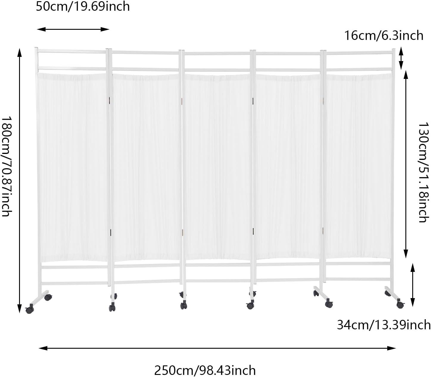 5-Panel Medical Privacy Screen, 8 X 6FT Folding Room Divider with Wheels, Freestanding Rolling Fabric Room Panel for Hospital, Beauty Salons (White)