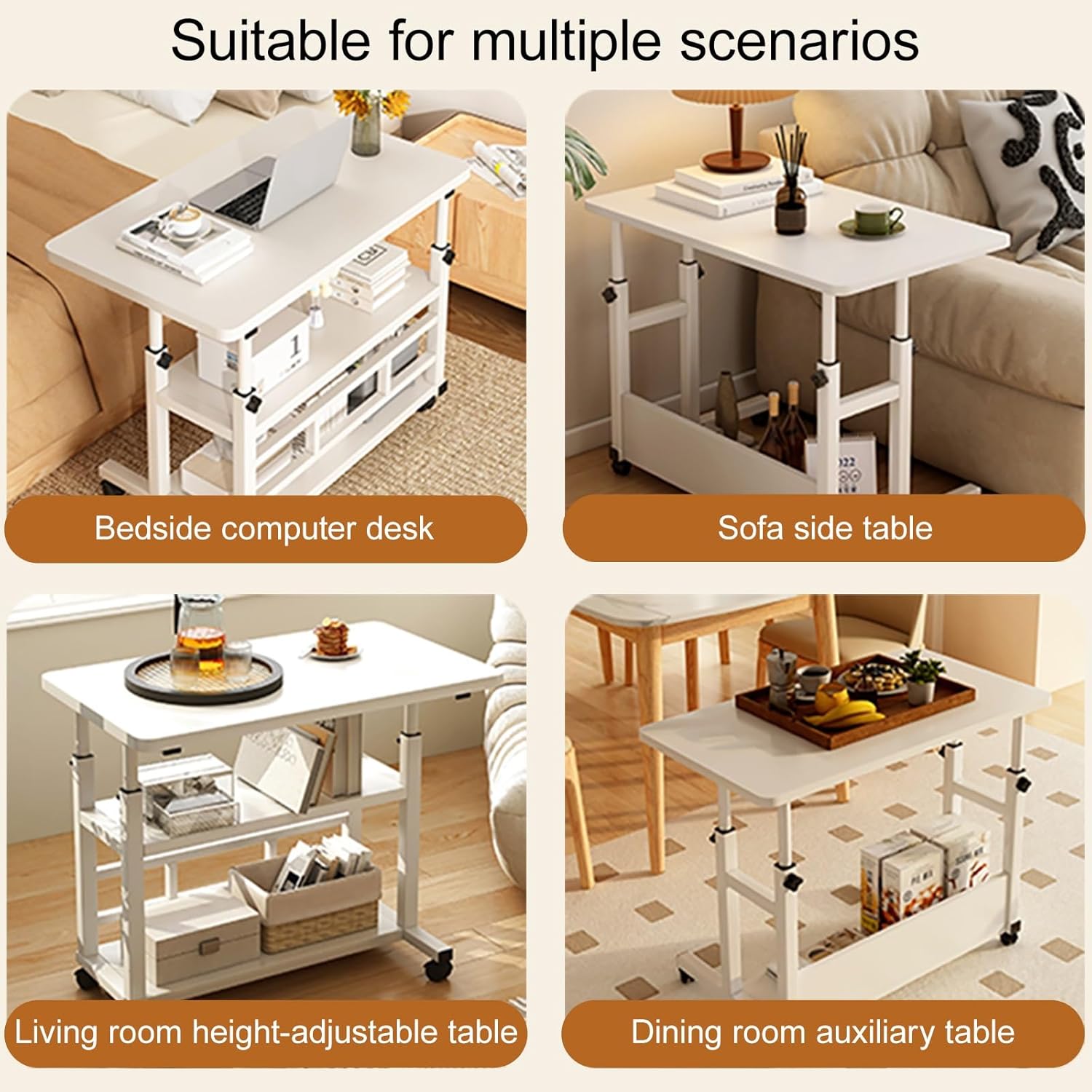 Medical Overbed Bedside Table with Two Shelves and Wheels (Hospital and Home Use), Height Adjustable Bed Table, Small Computer Cart for Couch, Office(Wood Color,60 * 40cm/24 * 16in)