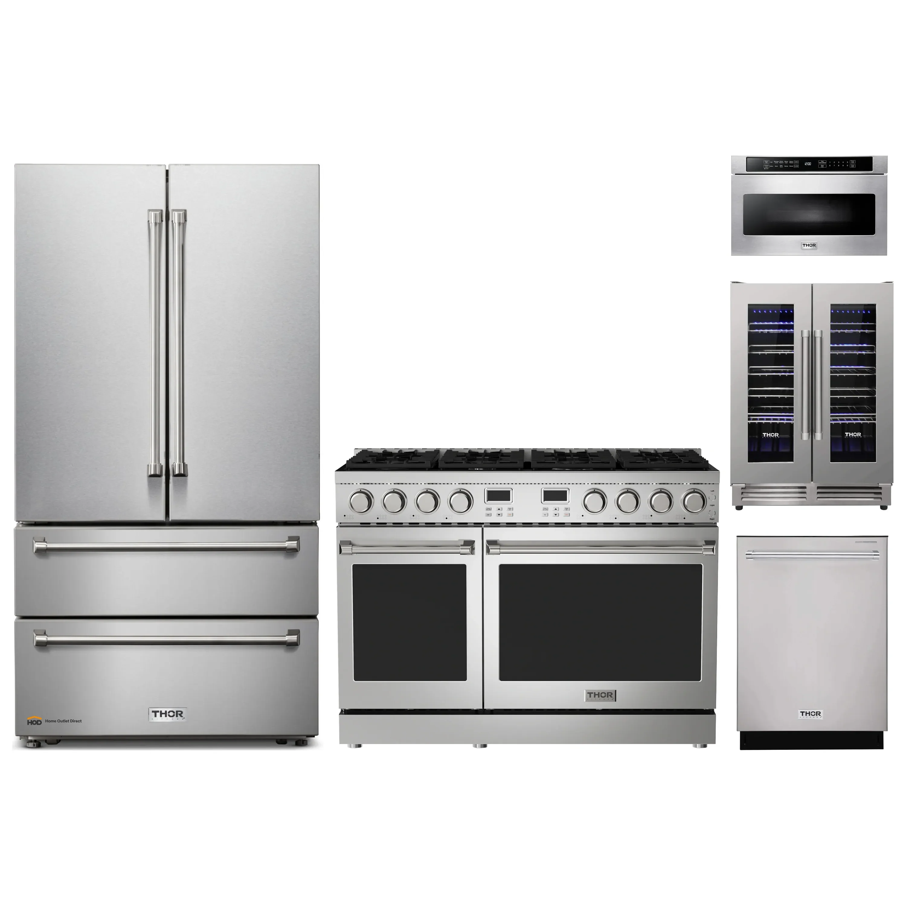 Thor Kitchen A-Series 5-Piece Appliance Package - 48-Inch Gas Range, Refrigerator, Dishwasher, Microwave, and Wine Cooler in Stainless Steel