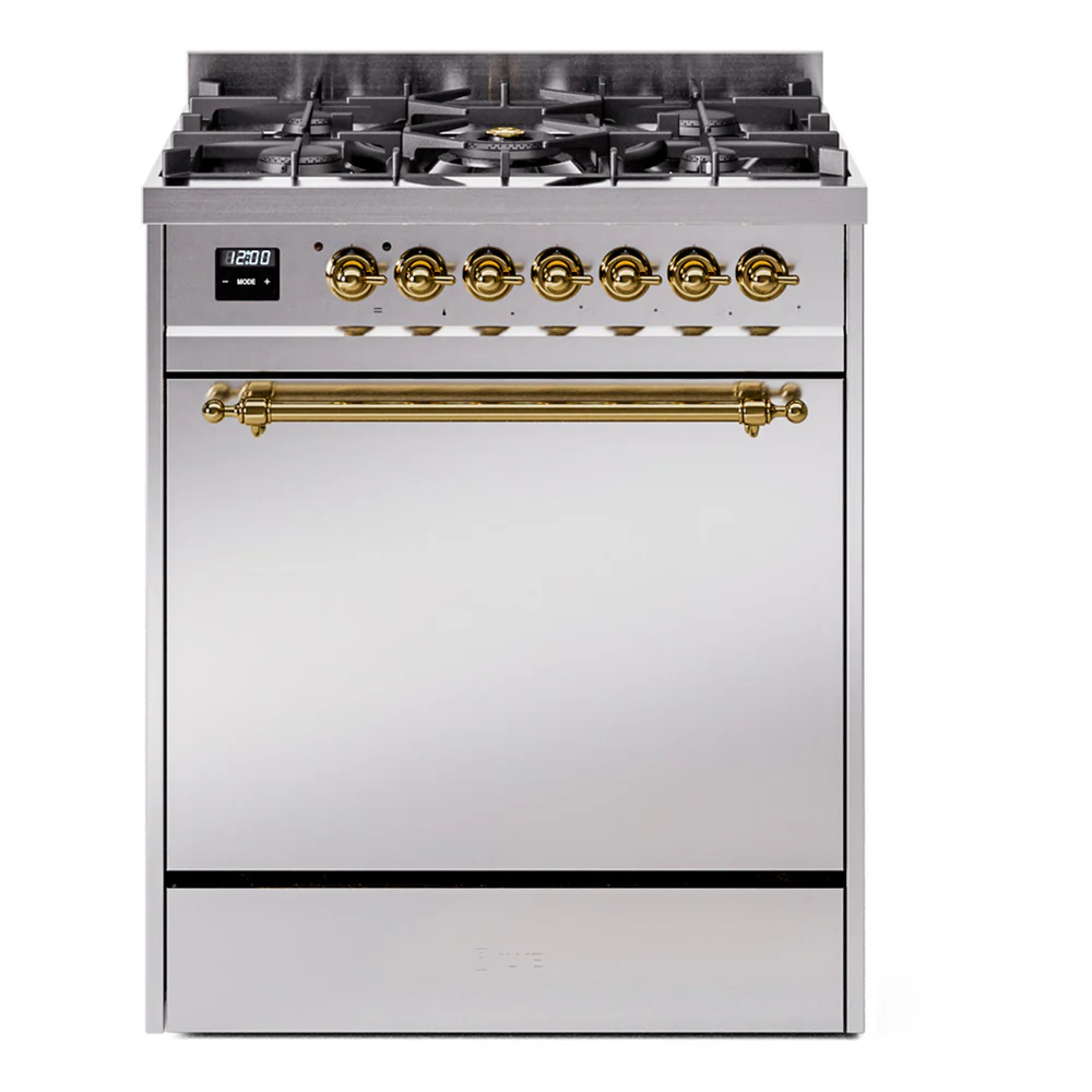 ILVE Nostalgie II 30-Inch Dual Fuel Range with Solid Door in Stainless Steel with Brass Trim (UP30QNMPSSG)