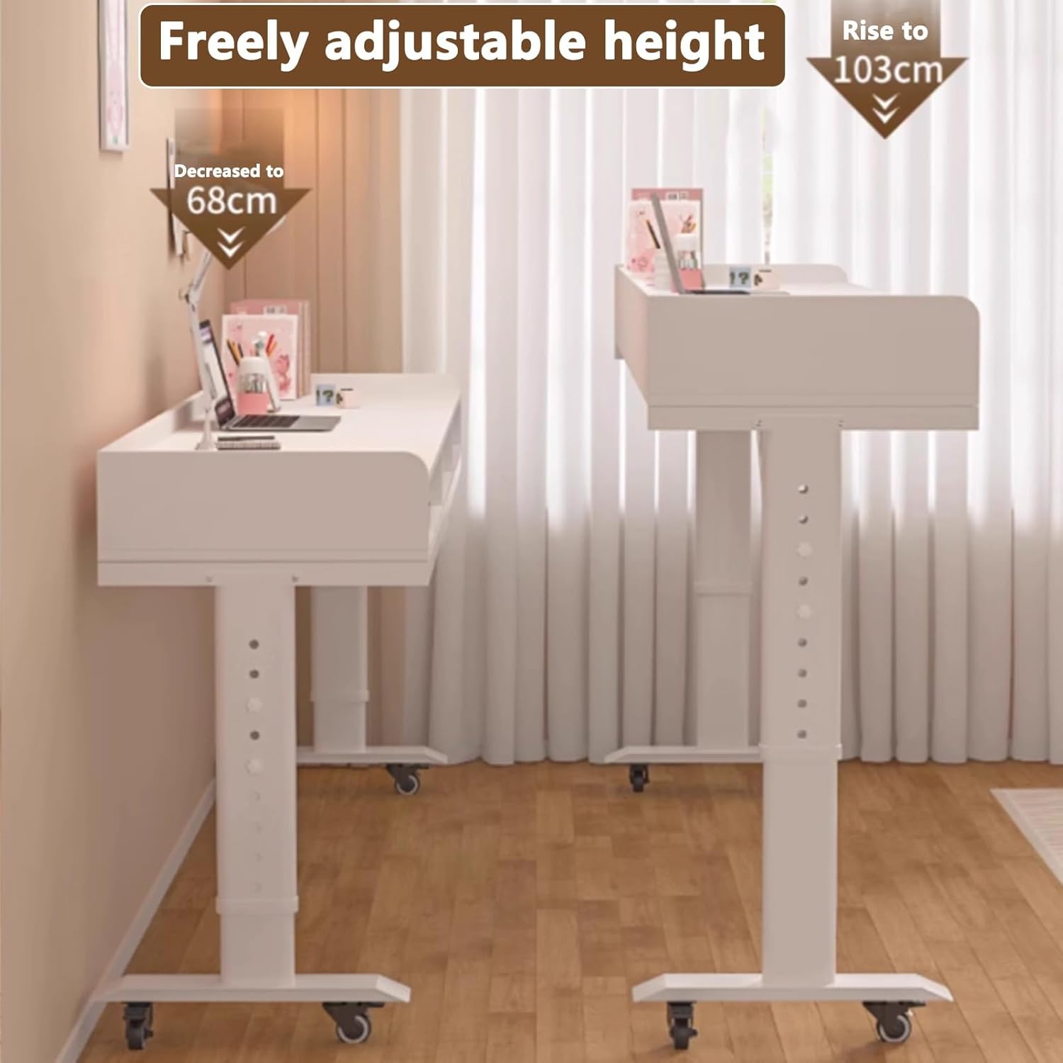 360° Rolling Wheels Over Bed Office Desk, Height Adjustable Overbed Table with Drawer and 3-Side Guard Rails, Laptop Workstation for Bedroom, Living Room(Gray,240cm/94.4in)