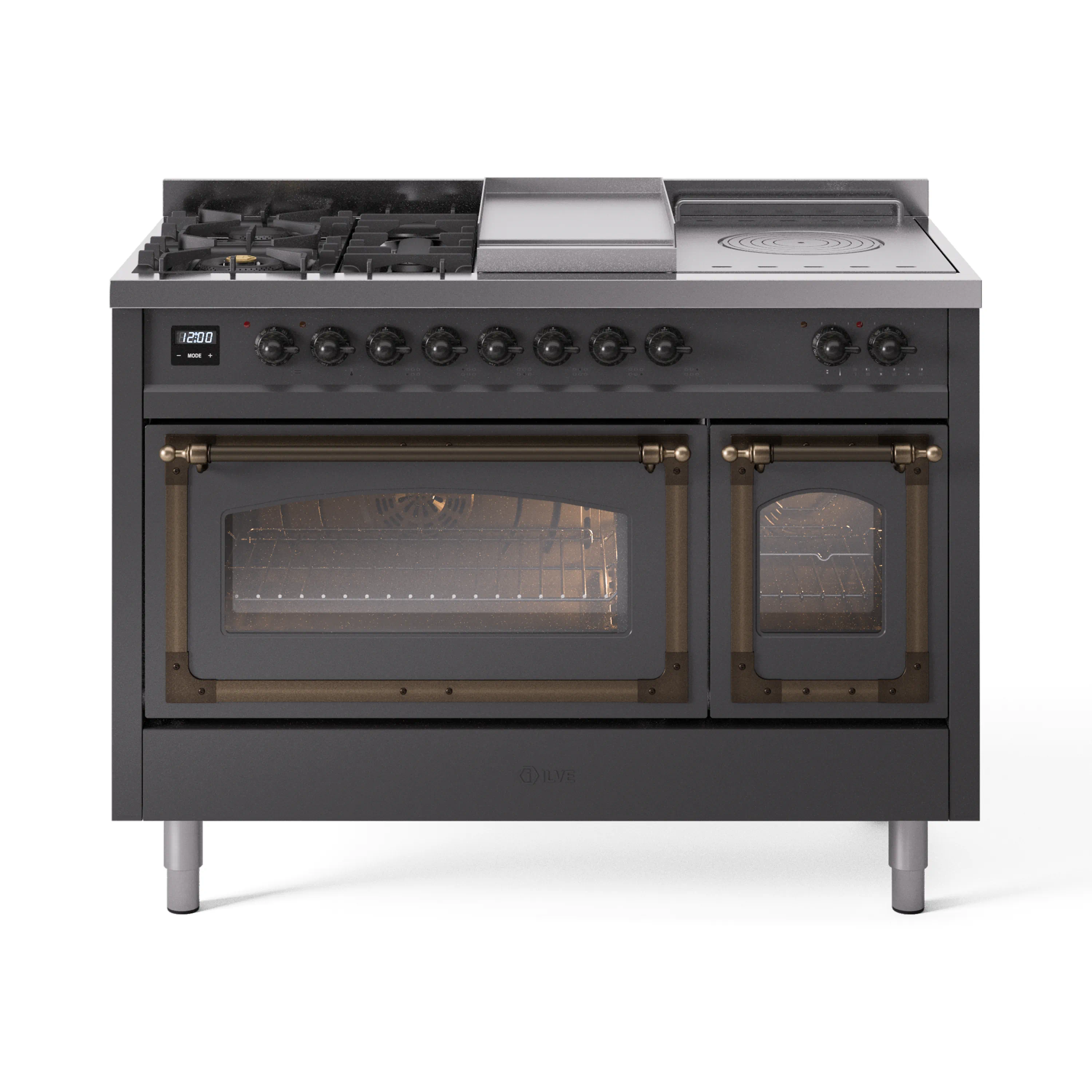 ILVE 48-Inch Nostalgie II Noblesse Dual Fuel Range with 5 Sealed Burners, Griddle, French Top and Triple Glass Door Oven in Matte Graphite with Bronze Trim