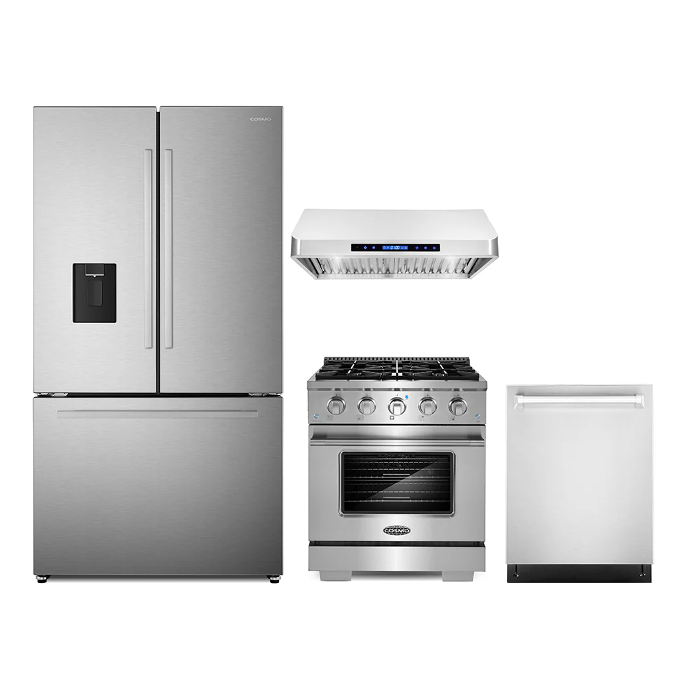 Cosmo 4-Piece Appliance Package - 30-Inch Gas Range, Under Cabinet Range Hood, Dishwasher and Refrigerator with Water Dispenser in Stainless Steel (COS-4PKG-636)