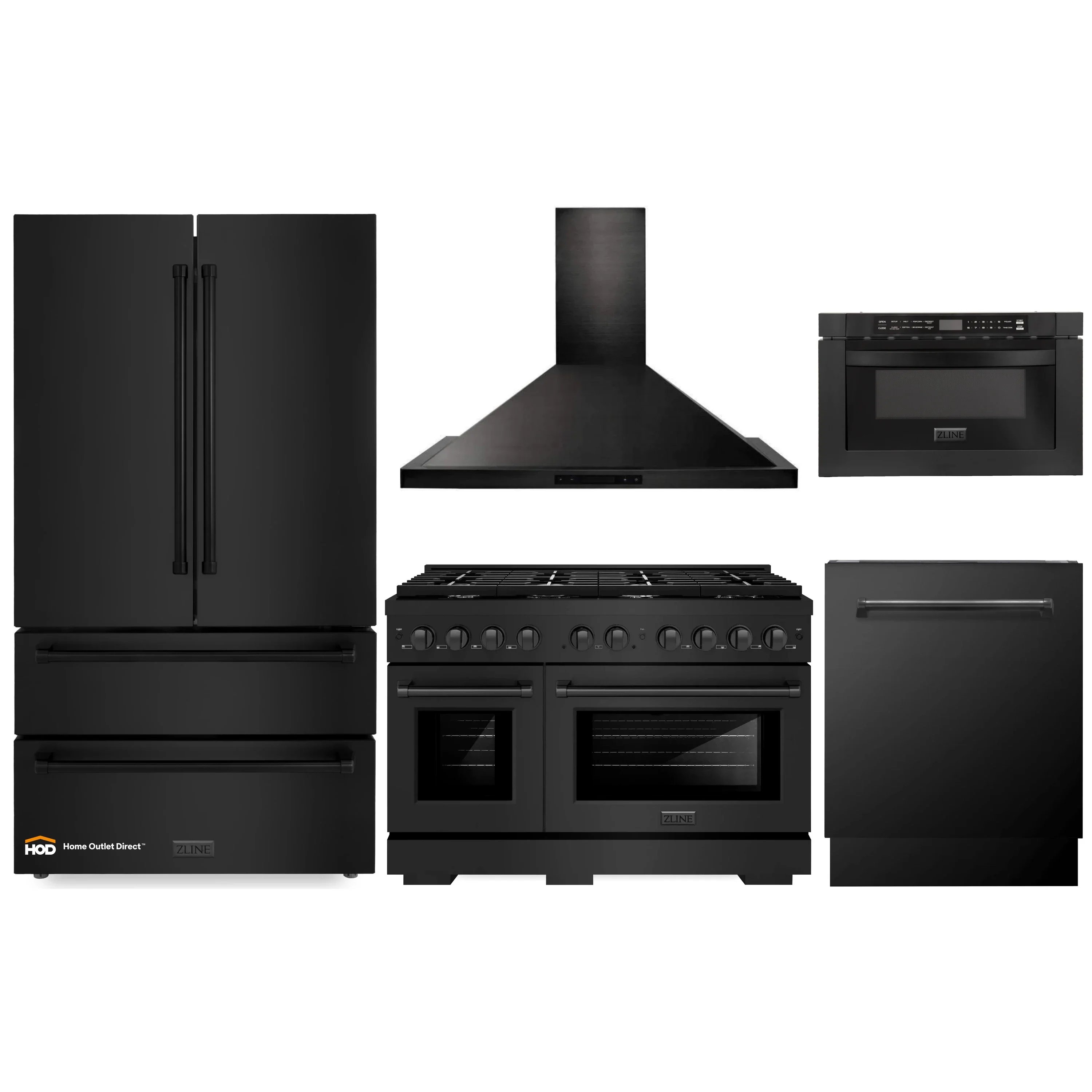 ZLINE 5-Piece Appliance Package - 48-Inch Gas Range, Refrigerator, Convertible Wall Mount Hood, Microwave Drawer, and 3-Rack Dishwasher in Black Stainless Steel (5KPR-SGRBRH48-MWDWV)