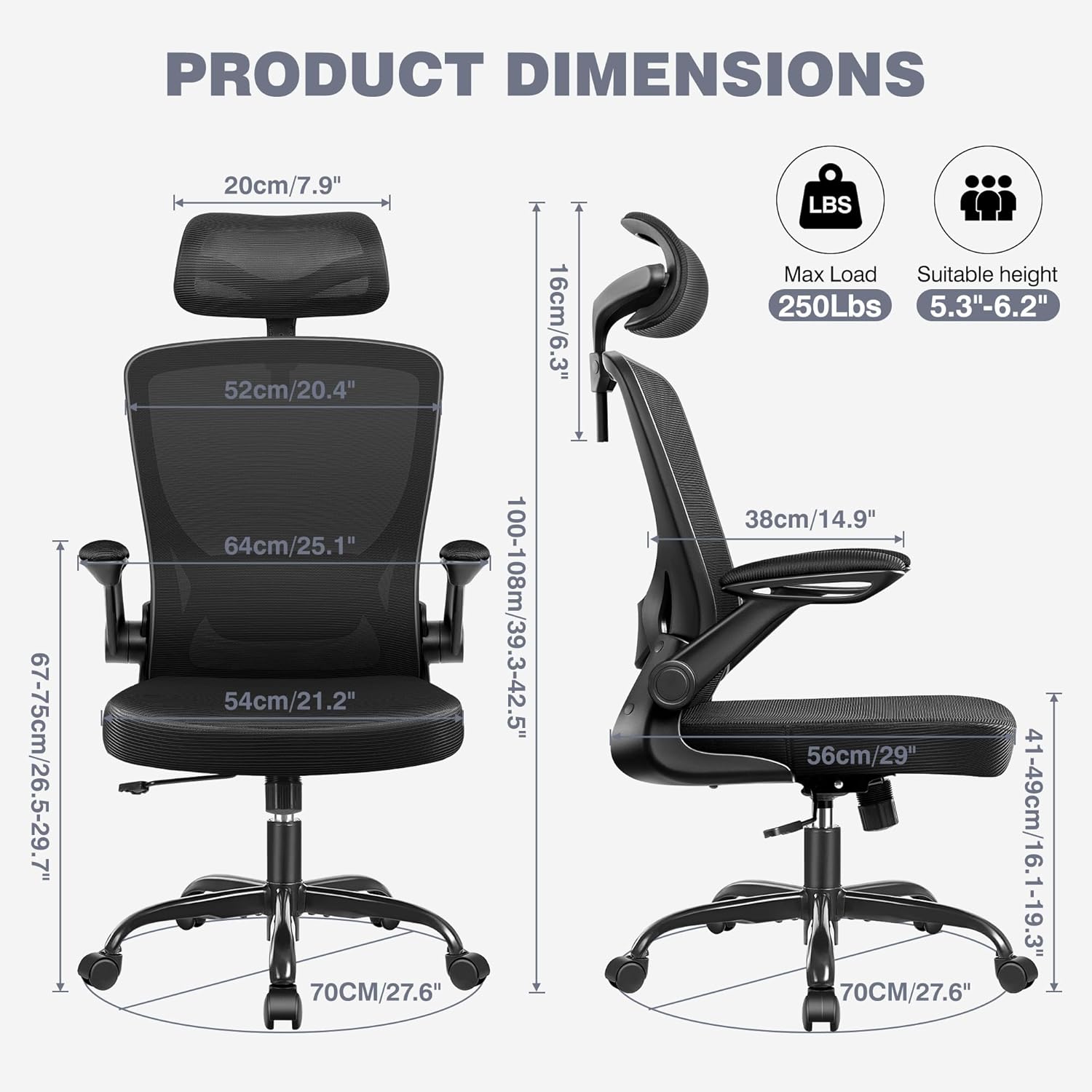 Ergonomic Office Desk Chair Comfy, High Back Mesh Office Desk Chairs with Adjustable Lumbar Support, Headrest, Flip-up Armrests, Home Computer Chair for Gaming, Work, Black