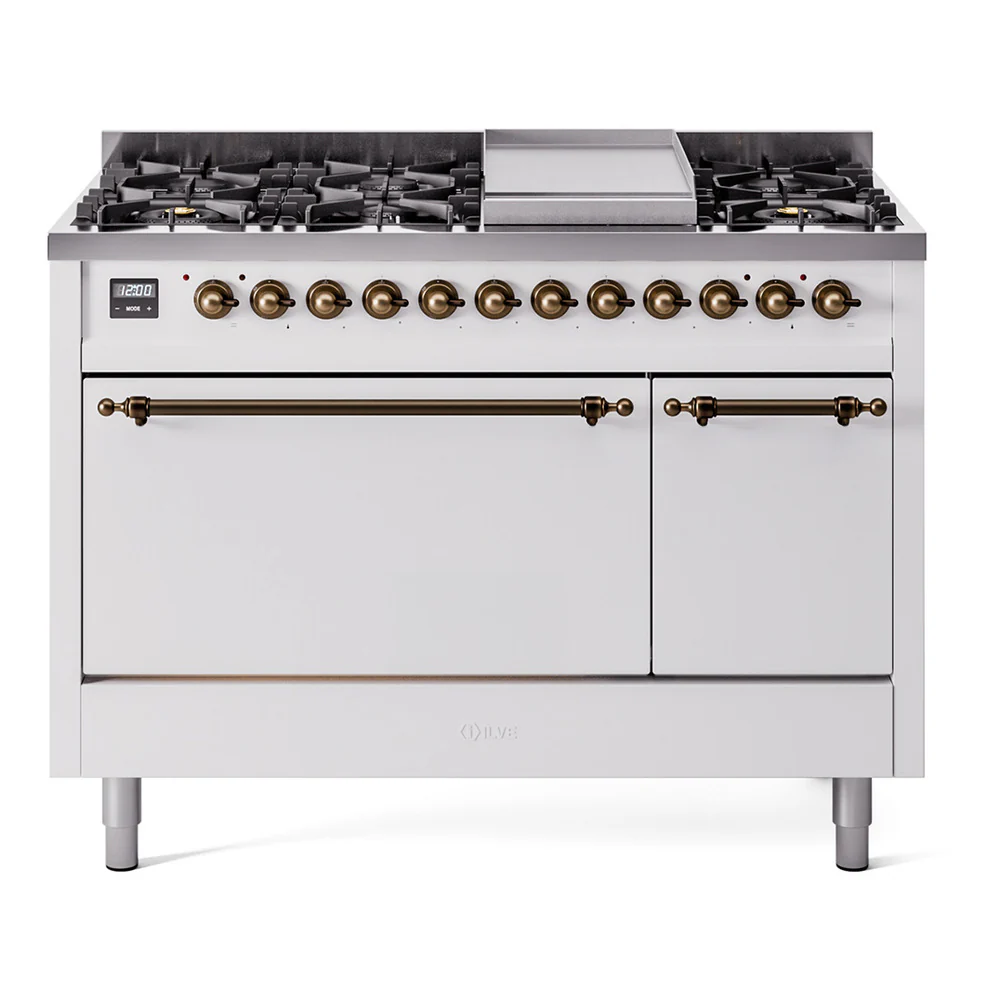 ILVE 48-Inch Nostalgie II Dual Fuel Range with 8 Burners, Griddle, and Solid Door Oven in White with Bronze Trim (UP48FQNMPWHB)