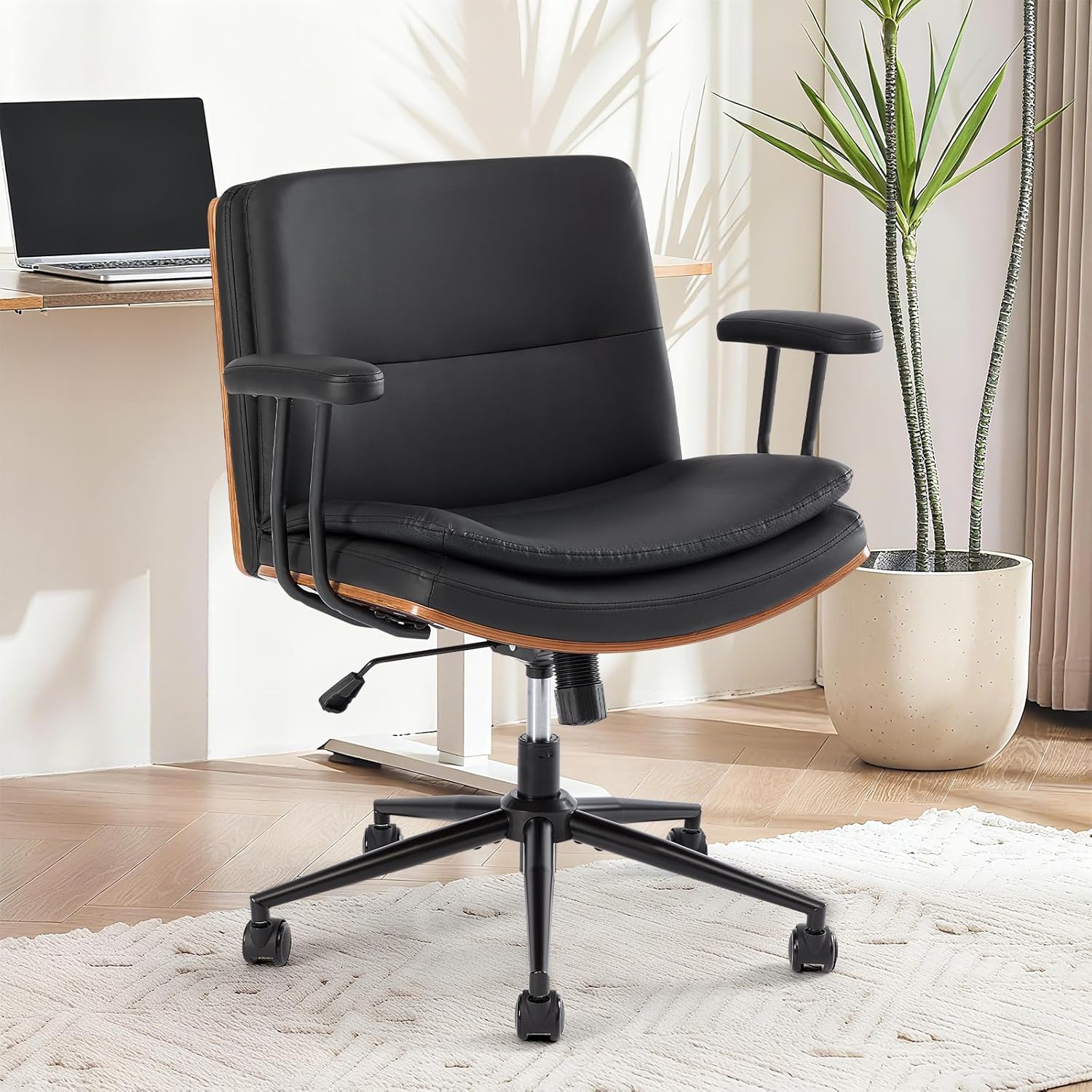 Home Office Desk Chair with Armrests & Wheels, Modern Walnut Swivel Rolling Executive Task Chair, PU Leather Vanity Chair with Lumbar Support, Height Adjustable Ergonomic Computer Chair (Black)