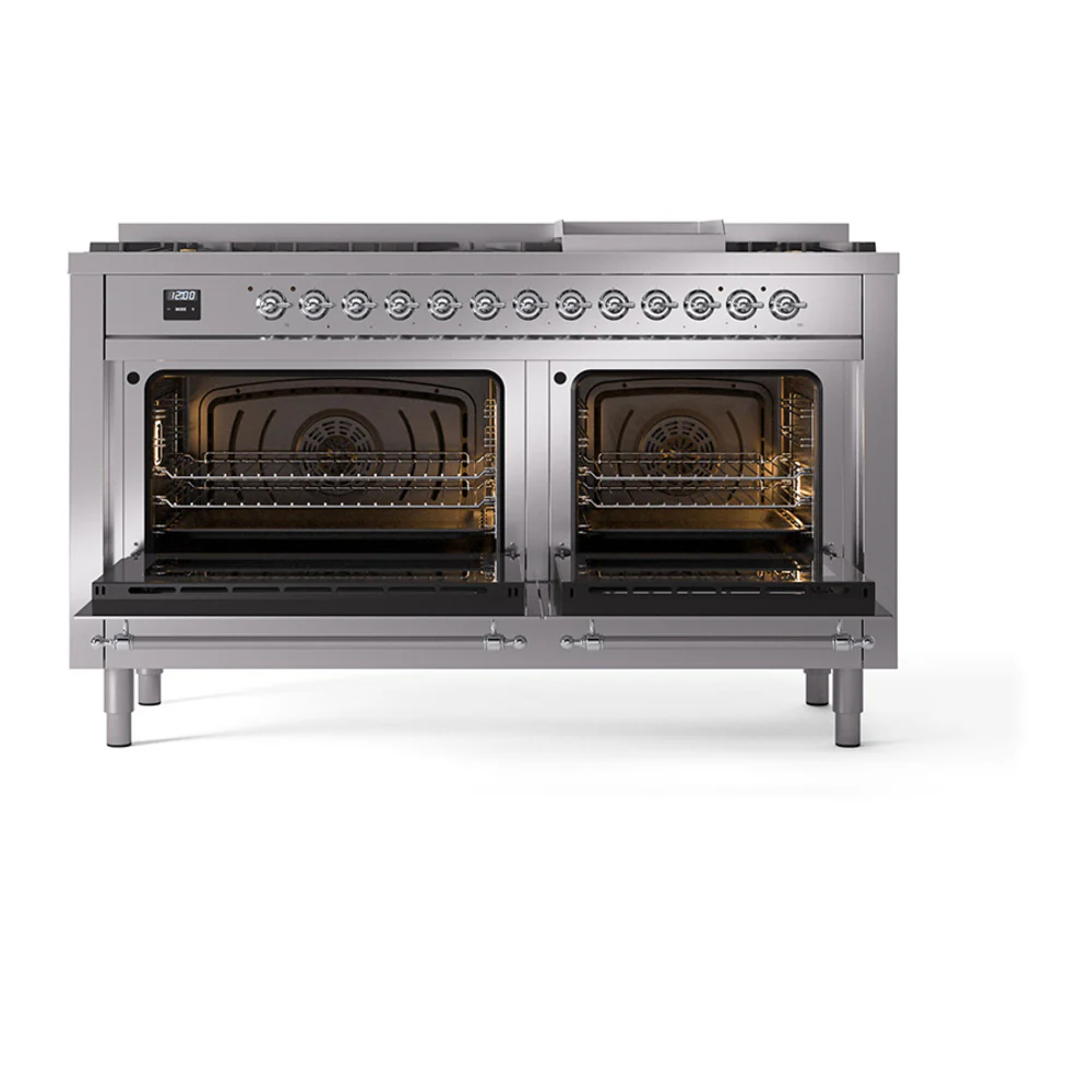 ILVE 60-Inch Nostalgie II Noblesse Dual Fuel Range with 9 Sealed Burners, Griddle, and Solid Door Oven in Stainless Steel with Chrome Trim (UN60FQNMPSSC)