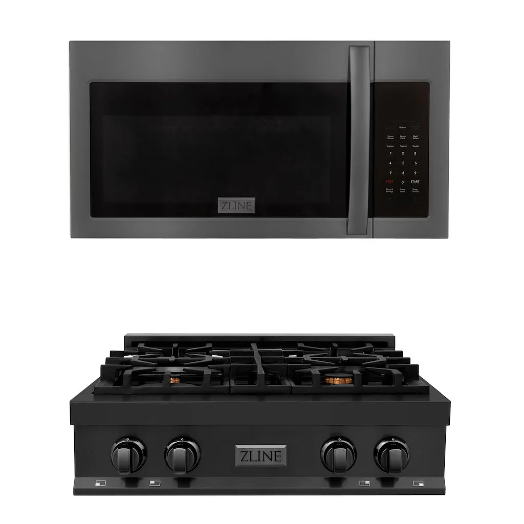 ZLINE 2-Piece Appliance Package - 30-Inch Rangetop and Over-the-Range Microwave with Modern Handle in Black Stainless Steel (2KP-RTBOTR30)