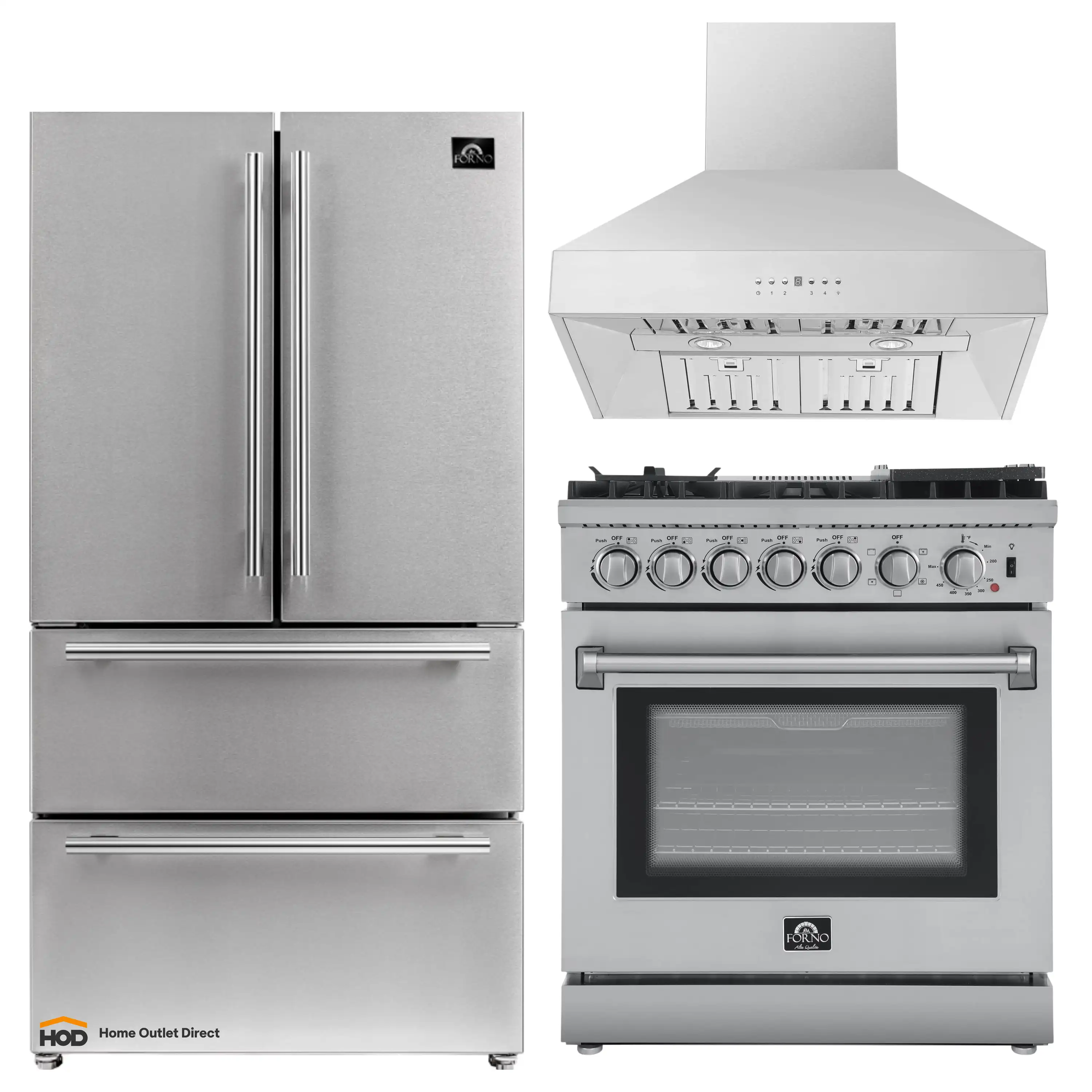 Forno 3-Piece Appliance Package - 30-Inch Dual Fuel Range with Air Fryer, 36-Inch Refrigerator & Wall Mount Hood in Stainless Steel