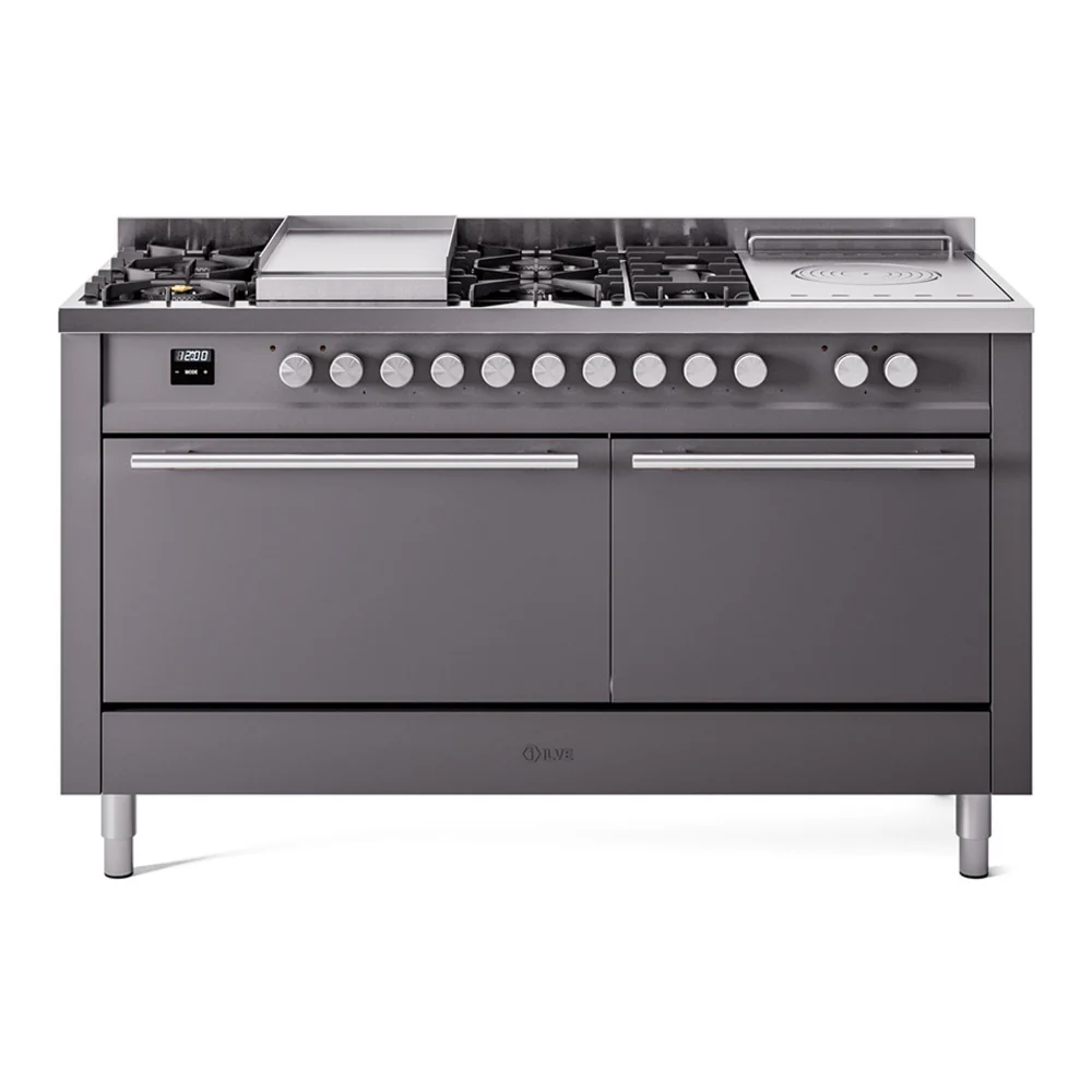 ILVE Professional Plus II 60-Inch Dual Fuel Range with 7 Burners, Griddle, & French Top with Solid Door Oven in Matte Graphite (UP60FSQMPMG)
