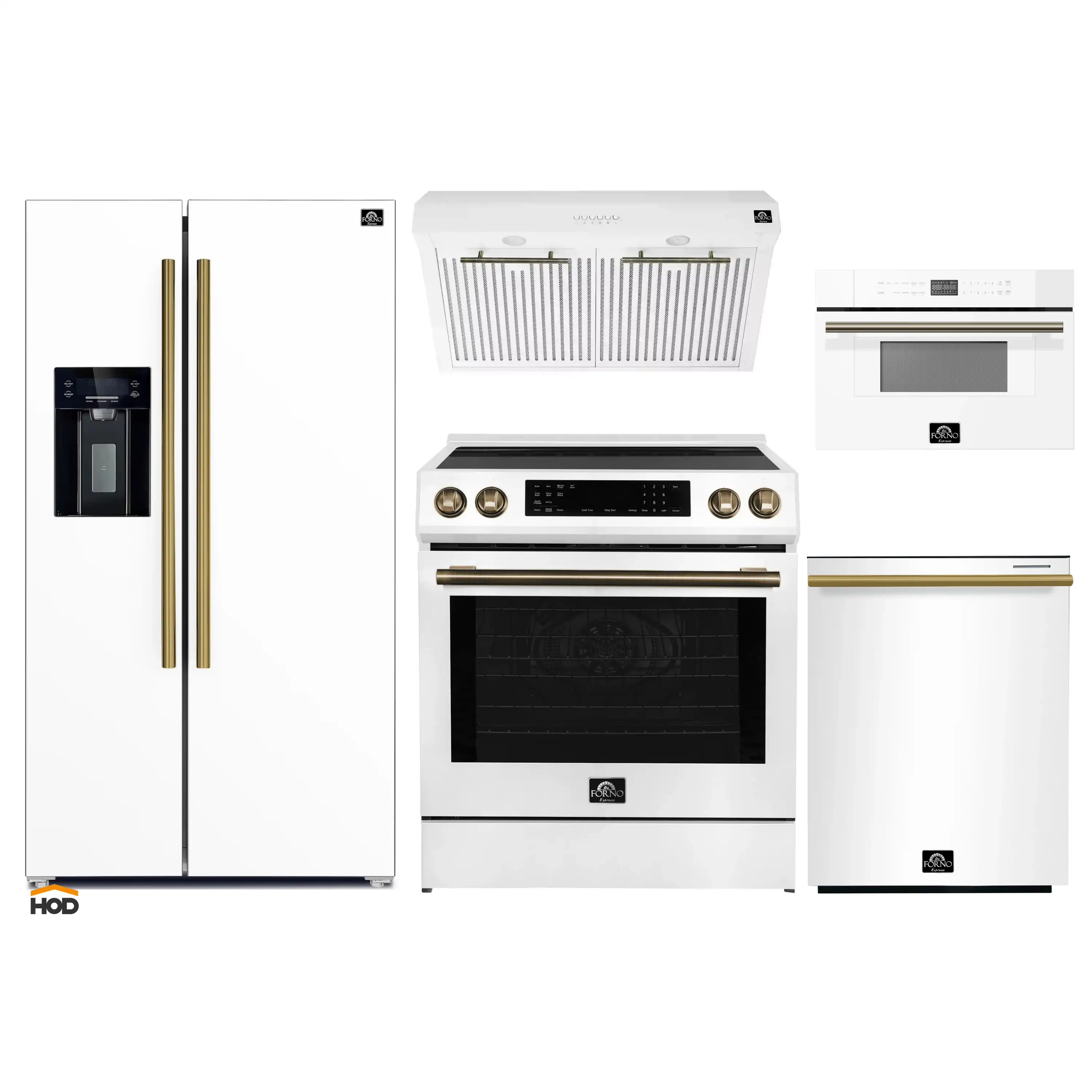 Forno 5-Piece Appliance Package - 30-Inch Induction Range, Under Cabinet Range Hood, Refrigerator with Water Dispenser, Dishwasher, and 30-Inch Microwave Drawer in White with Antique Brass Trim