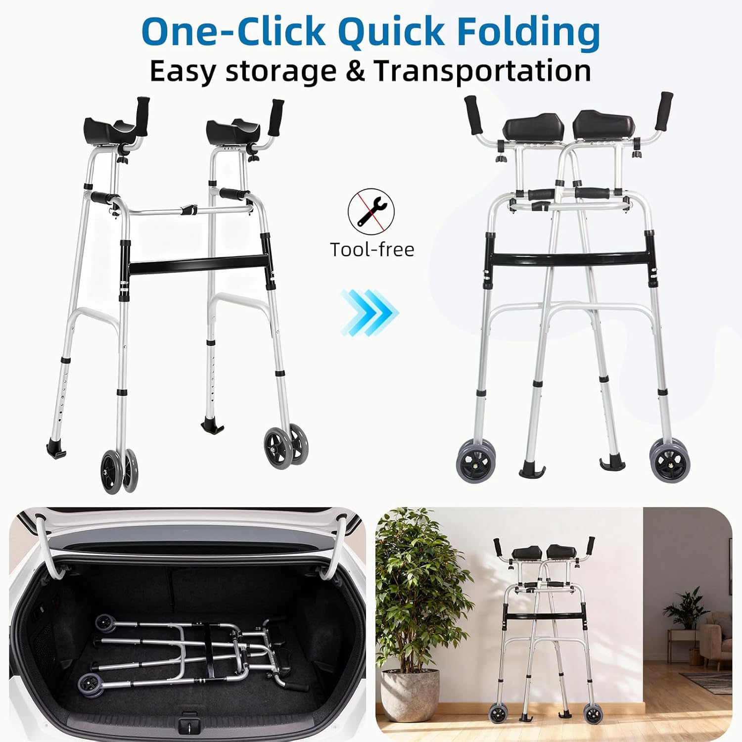 Dual-Wheel Stand Up Walker with Ball Bearing Wheels & Armrest Pad - Aluminum Standard Walker for Seniors, Height Adjustable Platform Walker with Arm Support, Foldable Design with Storage Bag, Silver