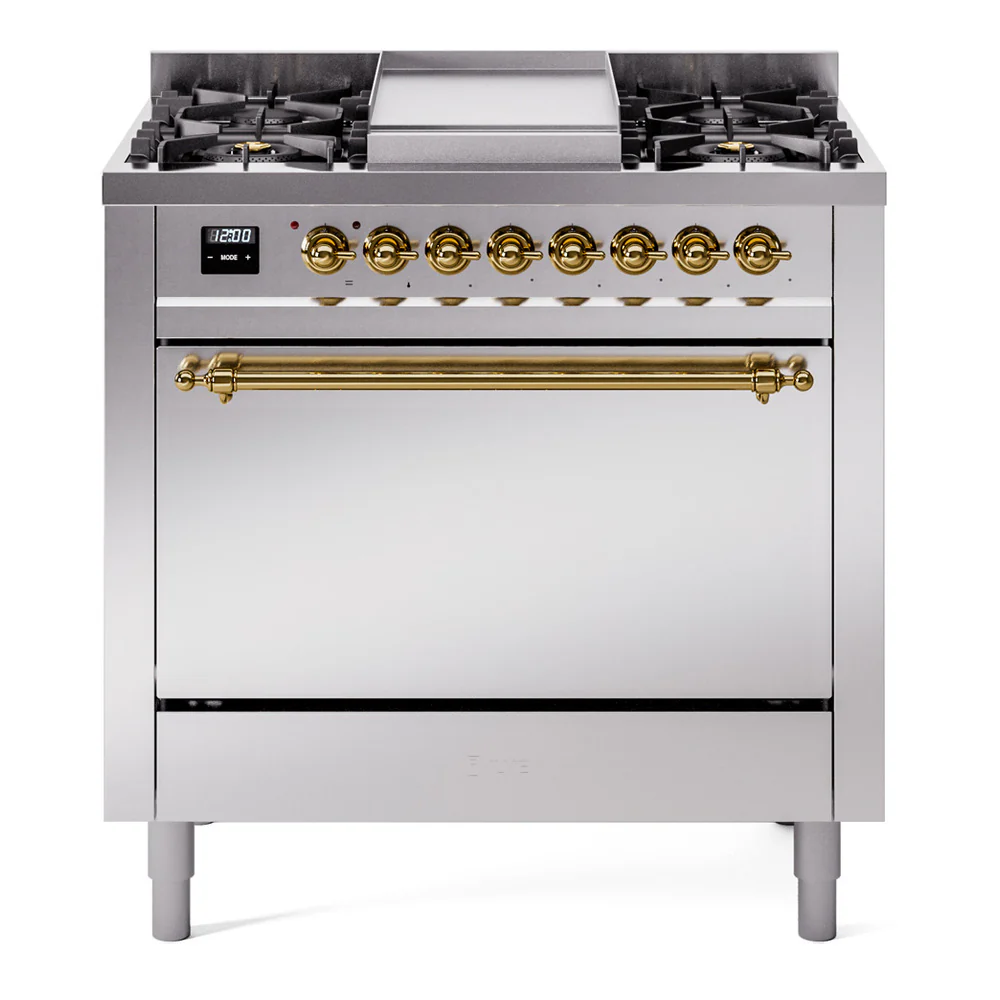 ILVE 36-Inch Nostalgie II Dual Fuel Range with 6 Burners and Solid Door Oven in Stainless Steel with Brass Trim (UP36FQNMPSSG)