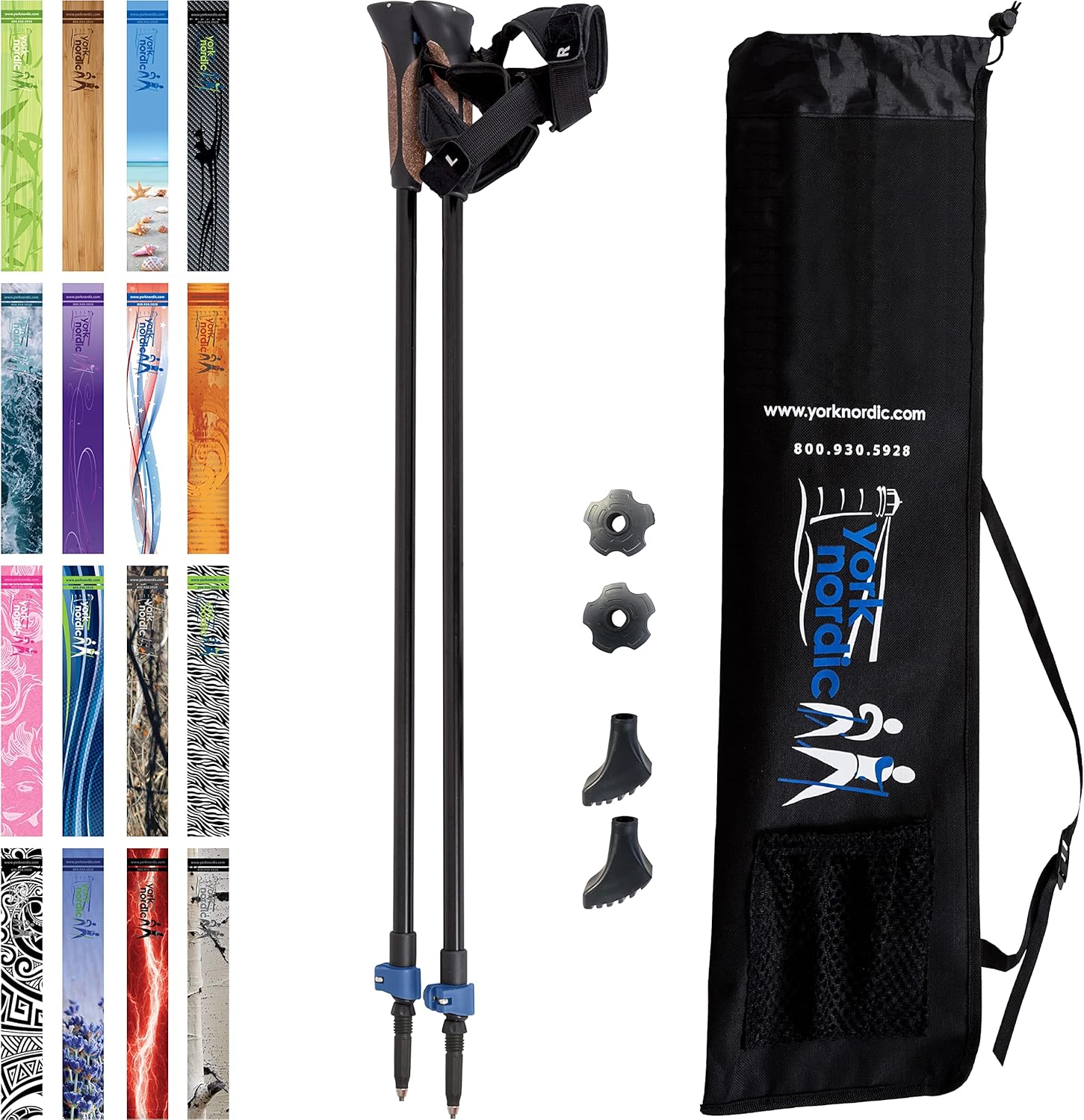 Official Nordic Walking Poles - True Classic Nordic Glove Grips, Lightweight, Adjustable, and Collapsible -2 Pieces w/flip Locks, Detachable Feet and Travel Bag by York Nordic - Heights 5'4