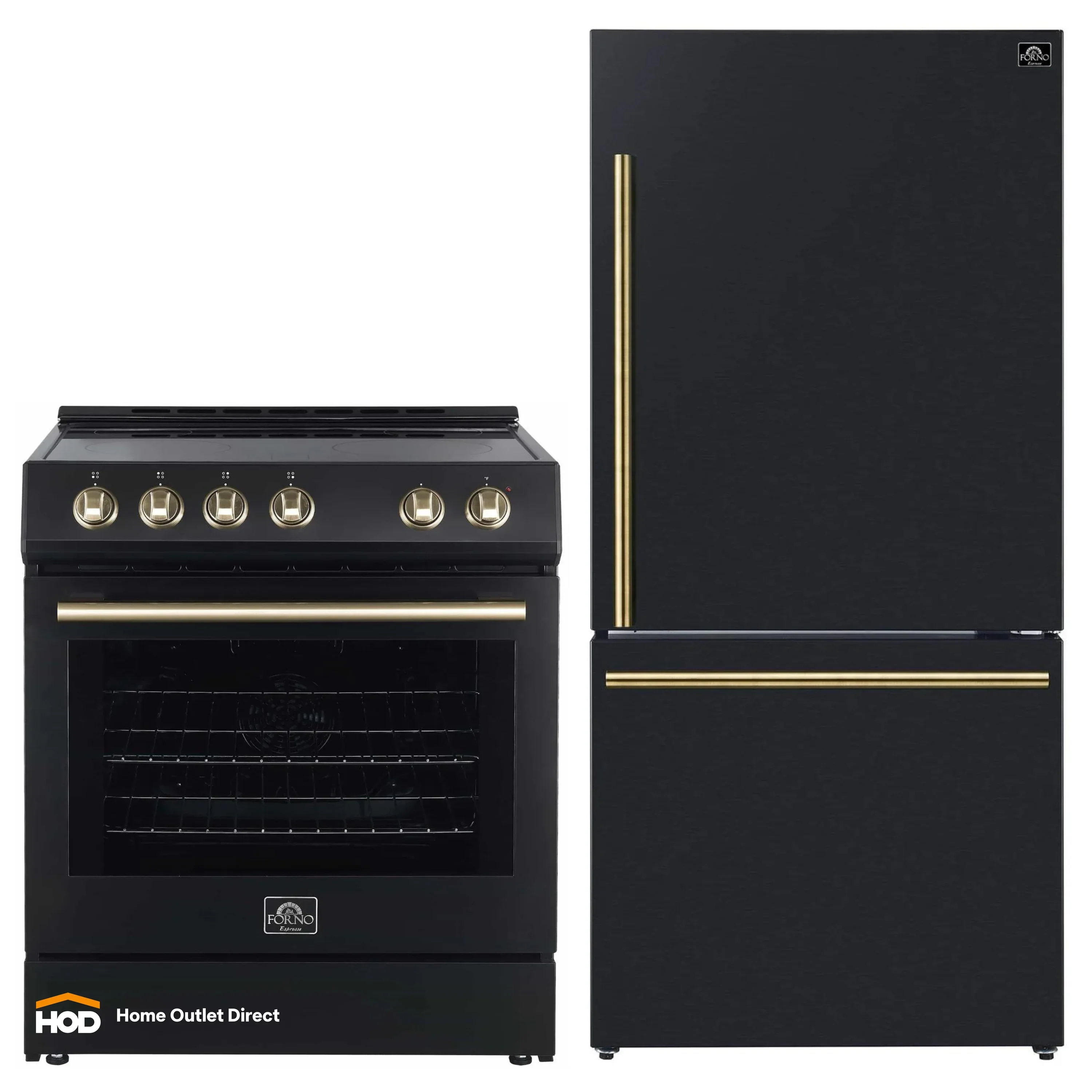 Forno Espresso 2-Piece Appliance Package - 30-Inch Electric Range with 5.0 Cu.Ft. Electric Oven and Refrigerator in Black with Antique Brass Trim (FBDL-003-02US)