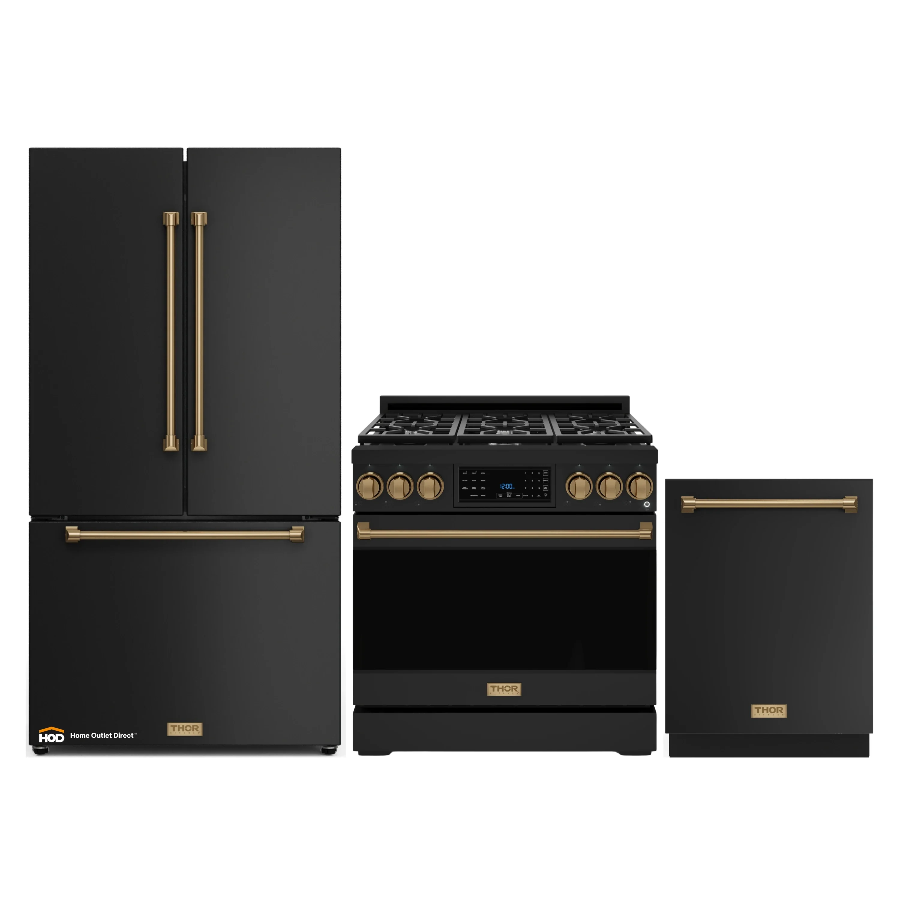 Gordon Ramsay by Thor Kitchen 3-Piece Appliance Package - 36-Inch Gas Range with Tilt Panel, 36-Inch Refrigerator, and Dishwasher in Black with Bronze Trim