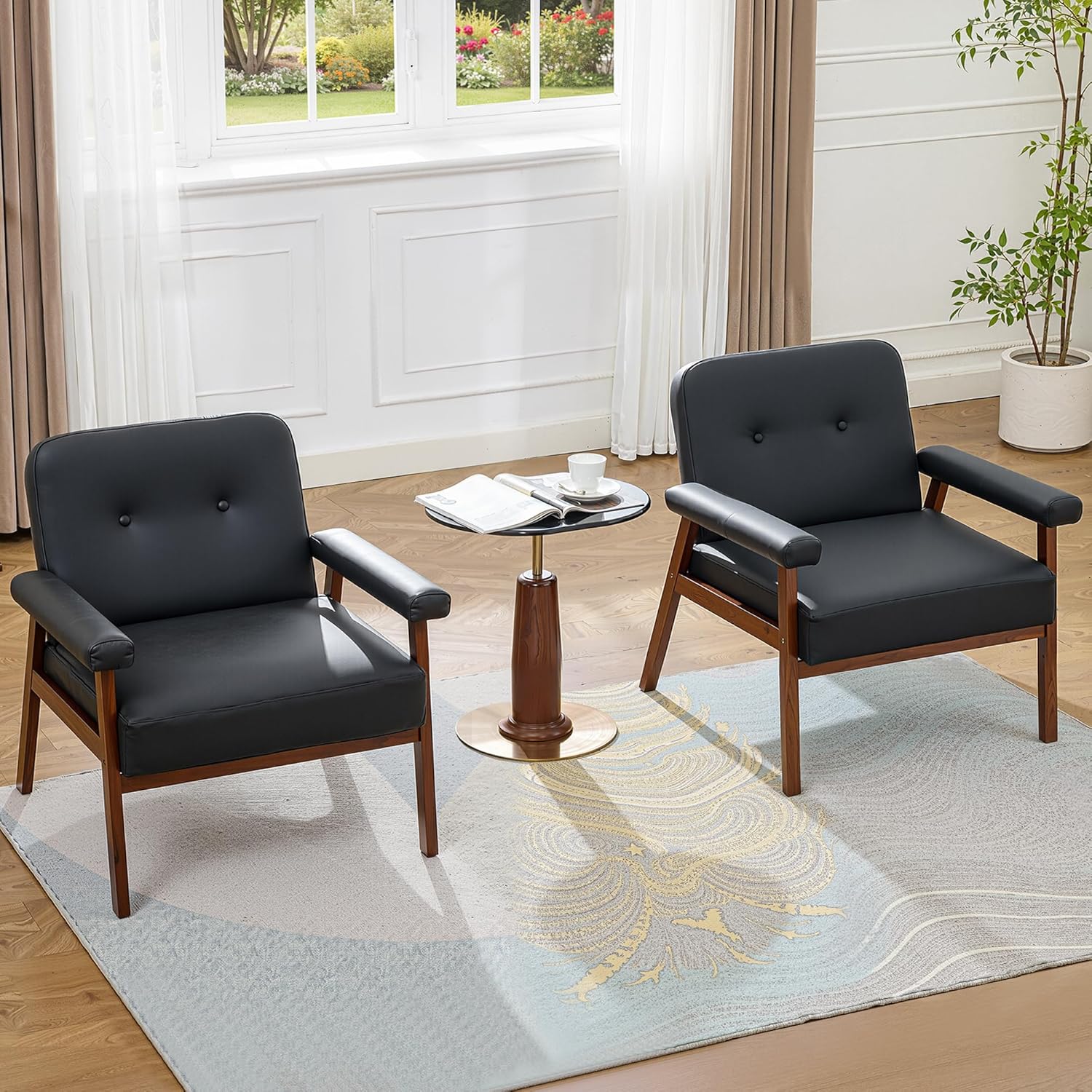 JIASTING Accent Chairs Set of 2, Black Leather Chairs with Solid Wood Frame, Tufted Small Mid-Century Modern Wooden Arm Chair, Comfy Office Reading Armchair for Living Room, Bedroom (2)