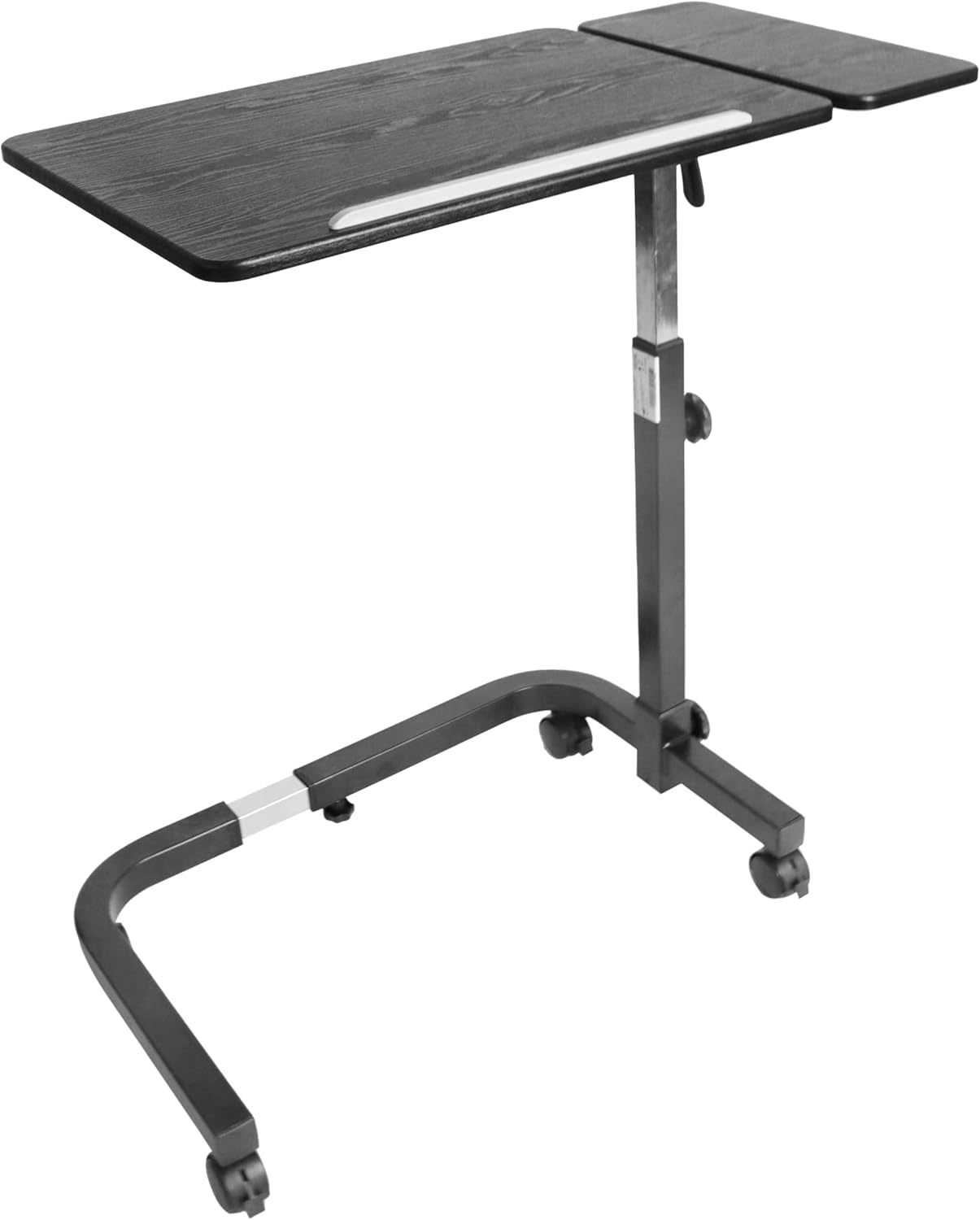 KMINA Overbed Table with Wheels, Hospital Bed Table, Tilting, Adjustable Height, Wood and Steel, C Shaped Side for Home Use Swivel, Black