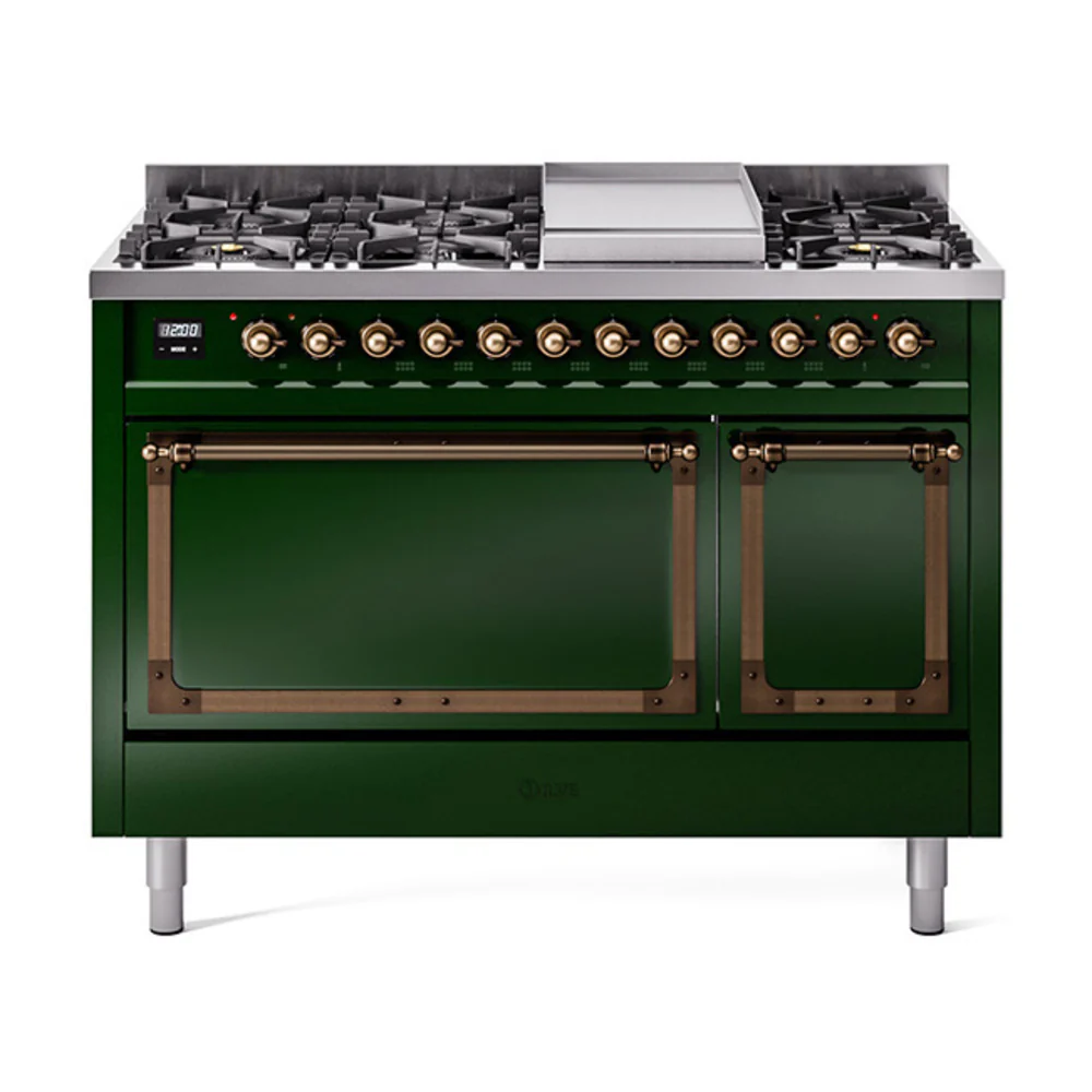 ILVE Nostalgie II Noblesse 48-Inch Dual Fuel Freestanding Range with Solid Door Oven in Emerald Green with Bronze Trim (UN48FQNMPEGB)