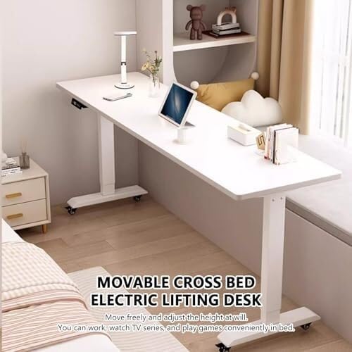 Electric Adjustable Height Overbed Table with Wheels, Rolling Bed Desk for Laptop, Home & Hospital Use, Mobile Hospital Bed Table(Gray White,180cm)