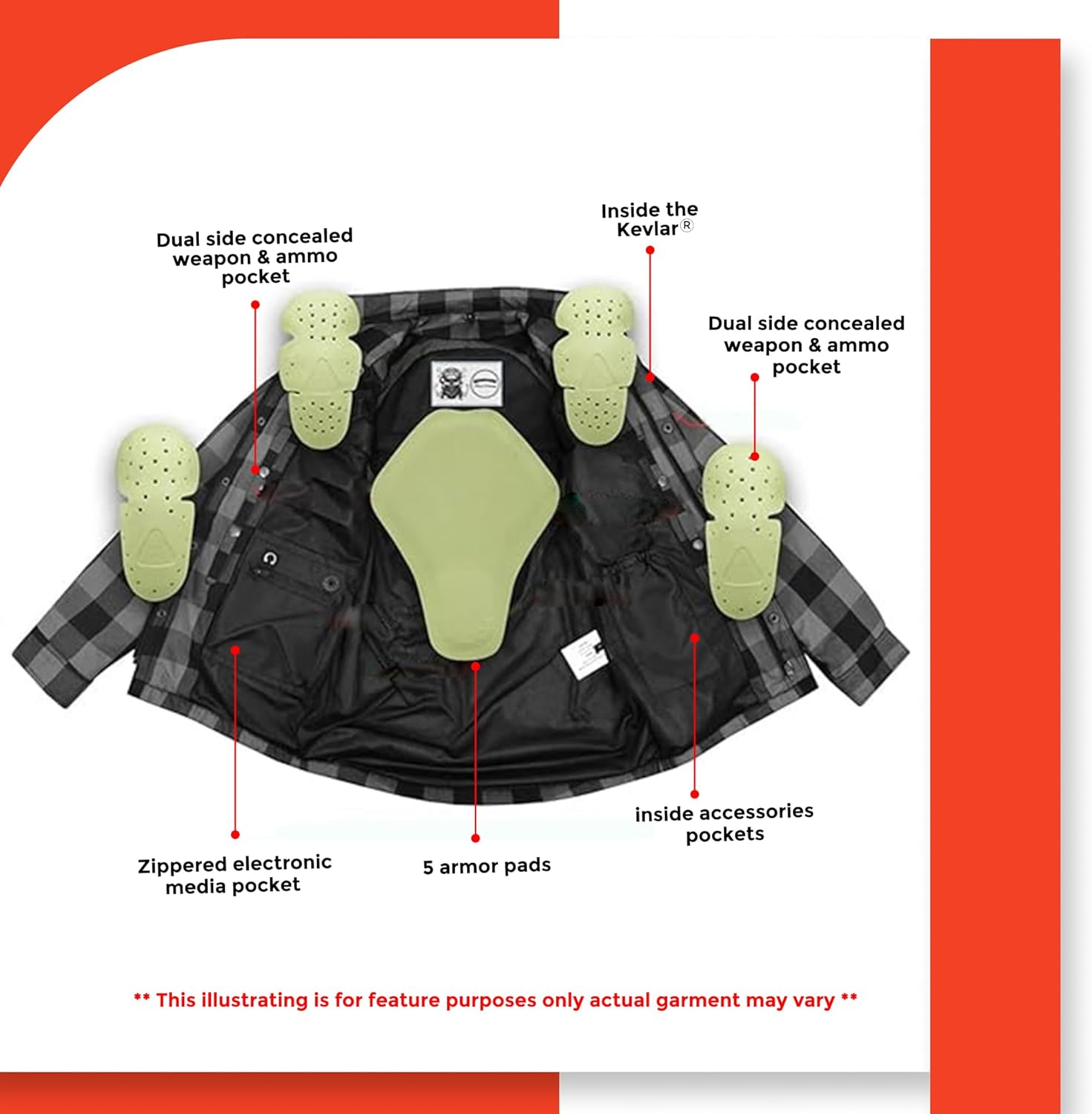 Daniel Smart Men's Motorcycle Shirt Plaid Biker Flannel Jacket Removable Sporty Armored, Zipper Closure & Water Resistant