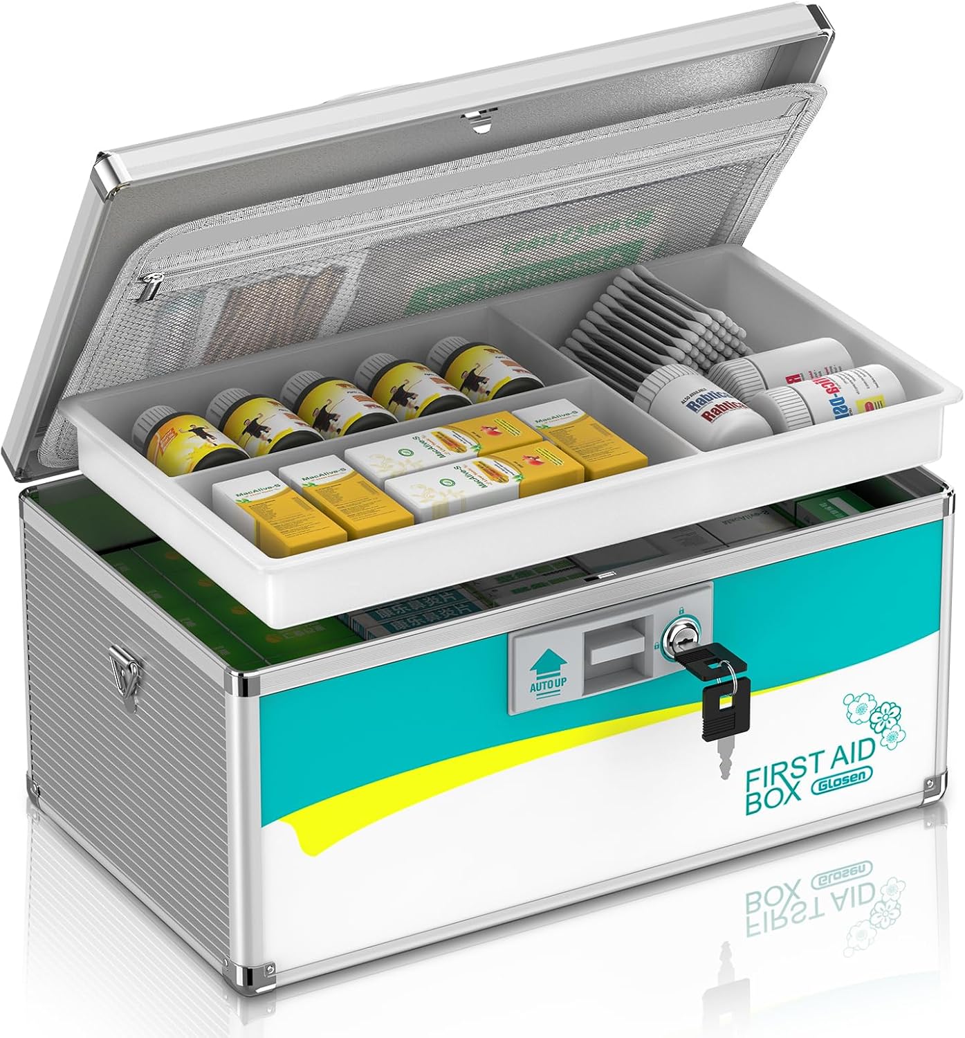 Glosen Medicine Lock Box,locking medicine box, Security Lock Boxes【Extra Large 16inch 16 x 9.25 x 7.5 Inch with removable storage pocket】 lock box, First Aid Key Safe Box for Medication