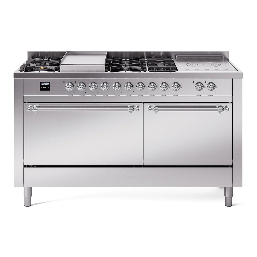ILVE Nostalgie II 60-Inch Dual Fuel Range with 7 Burners, Griddle, & French Top with Solid Door Oven in Stainless Steel with Chrome Trim (UP60FSQNMPSSC)