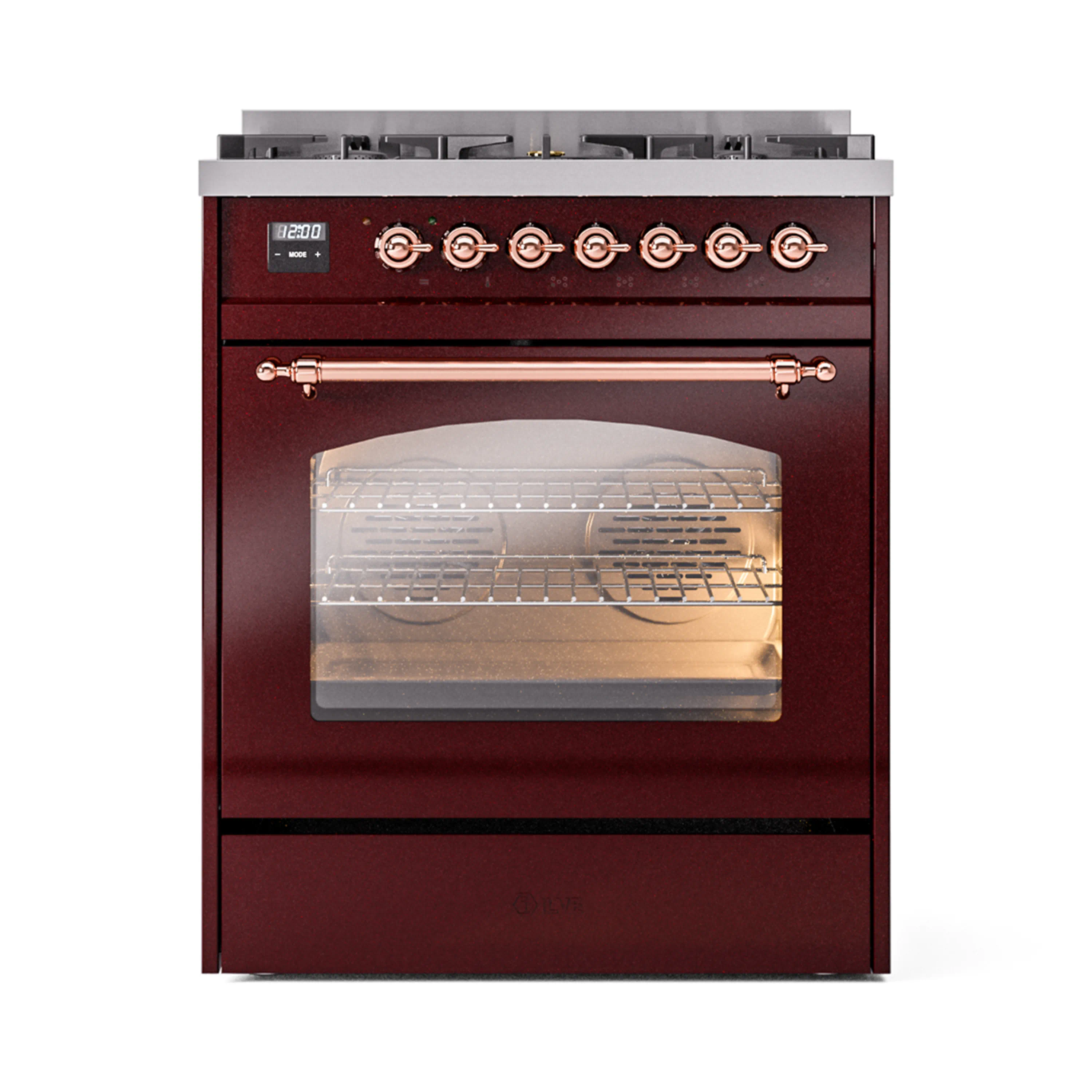ILVE Nostalgie II 30-Inch Dual Fuel Freestanding Range in Burgundy with Copper Trim (UP30NMPBUP)