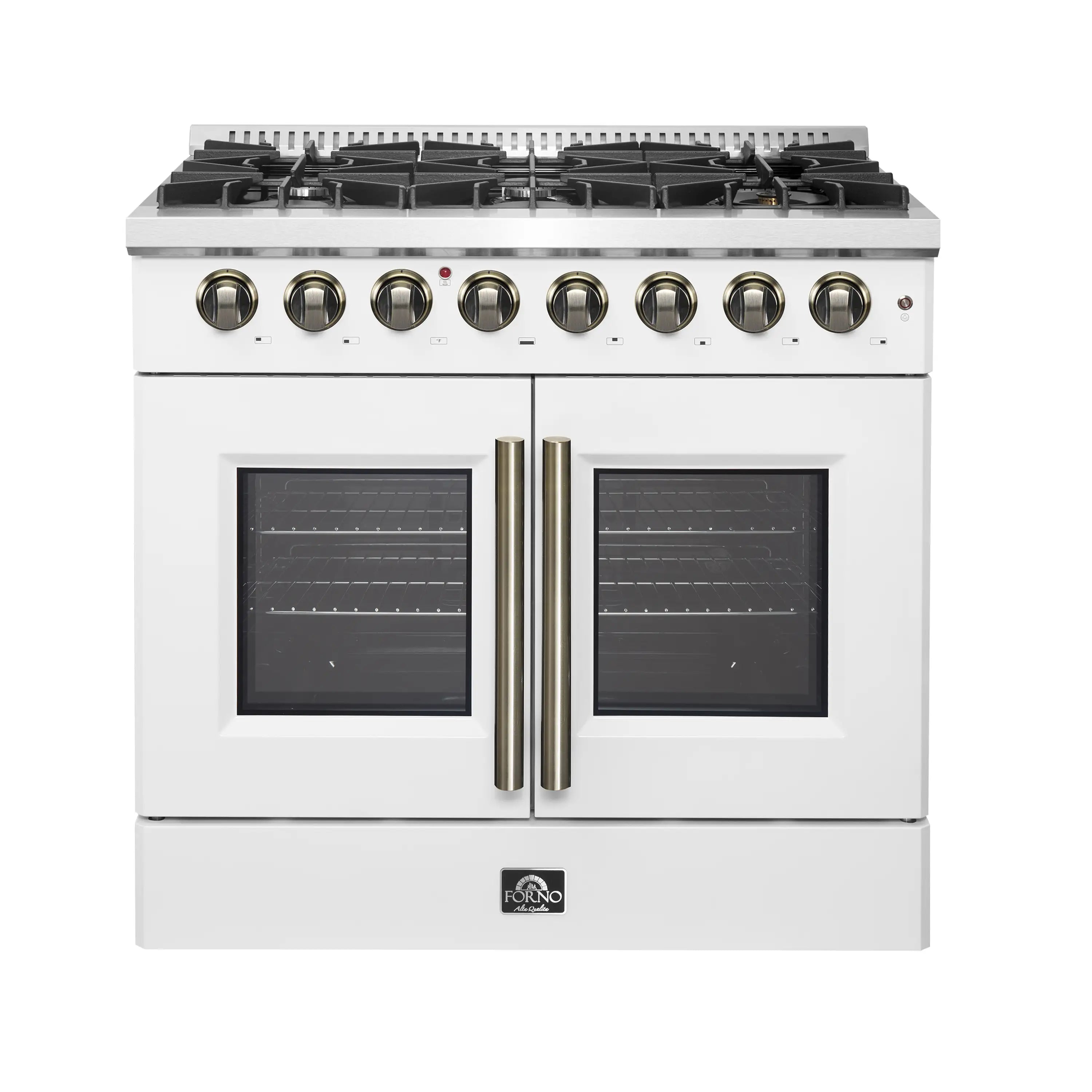 Forno Galiano 36-Inch French Door Dual Fuel Range with 6 Gas Burners and 5.36 Cu.Ft. Electric Convection Oven in White with Antique Brass Trim (FFSGS6356-36WHT)