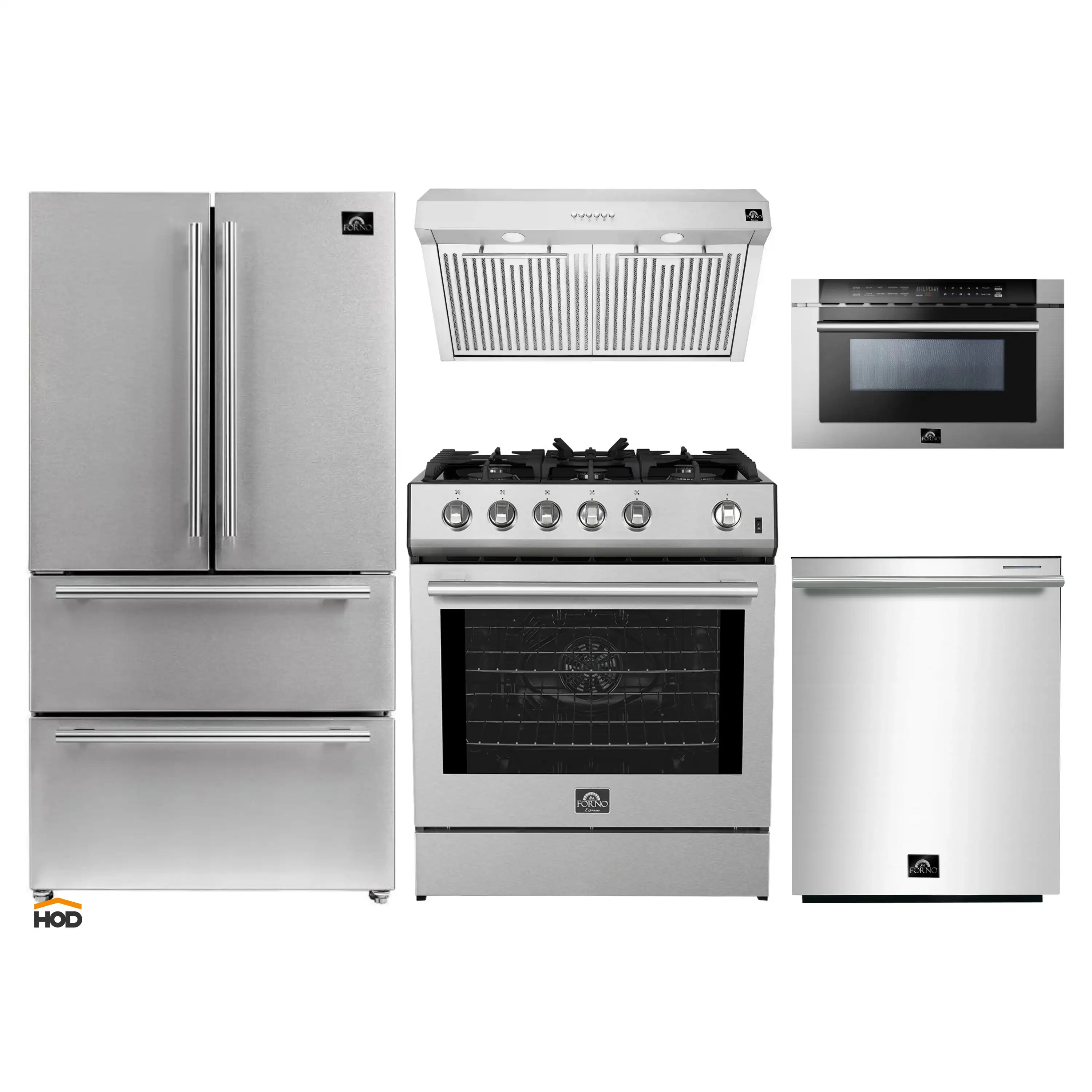 Forno 5-Piece Appliance Package - 30-Inch Gas Range, Under Cabinet Range Hood,  French Door Refrigerator, Dishwasher, and  Microwave Drawer in Stainless Steel