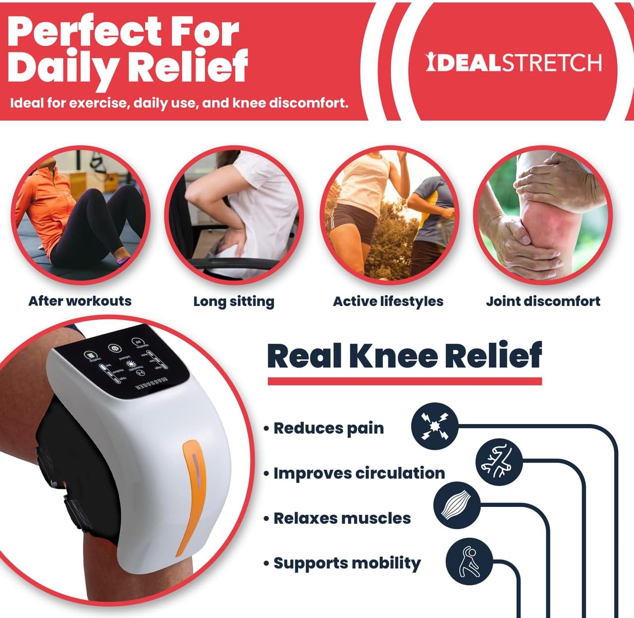 IdealProducts Knee Massager Pro+ with Heat, Red Light Therapy and Vibration, 6-in-1, Dual-Wavelength - Cordless, Portable, Adjustable Straps, Knee Pain Relief