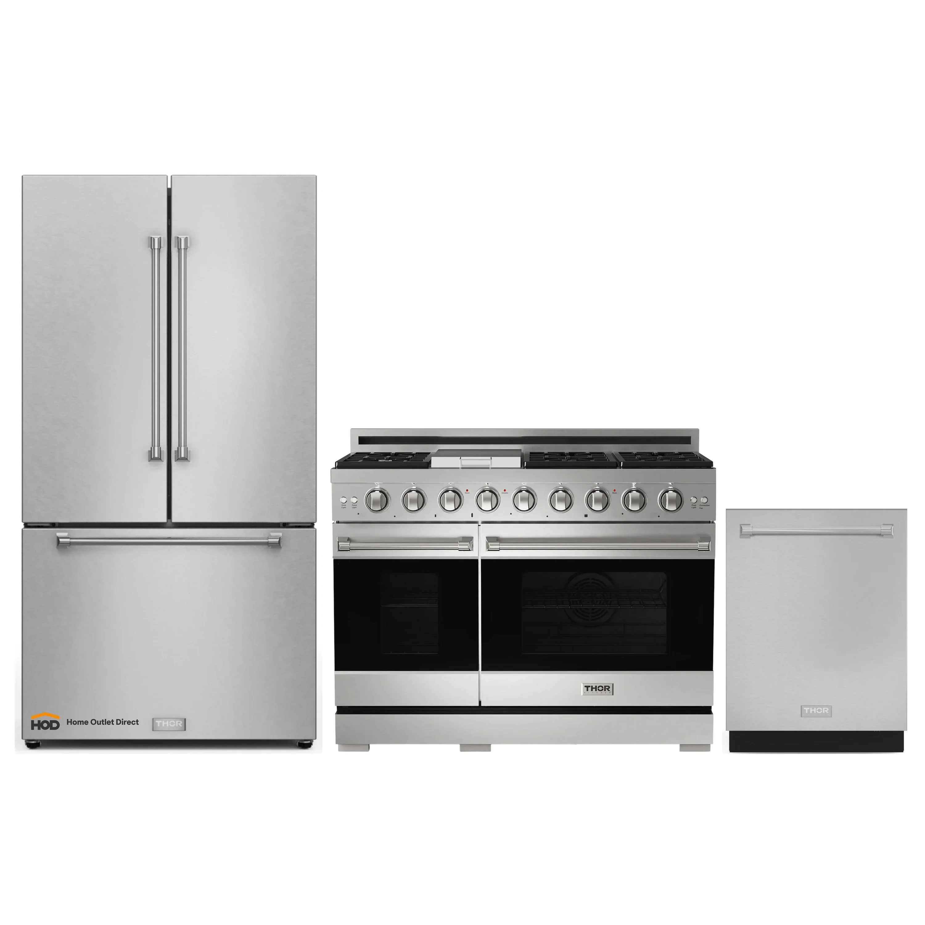 Gordon Ramsay by Thor Kitchen 3-Piece Appliance Package - 48-Inch Gas Range with Double Oven, 36-Inch Refrigerator, and Dishwasher in Stainless Steel