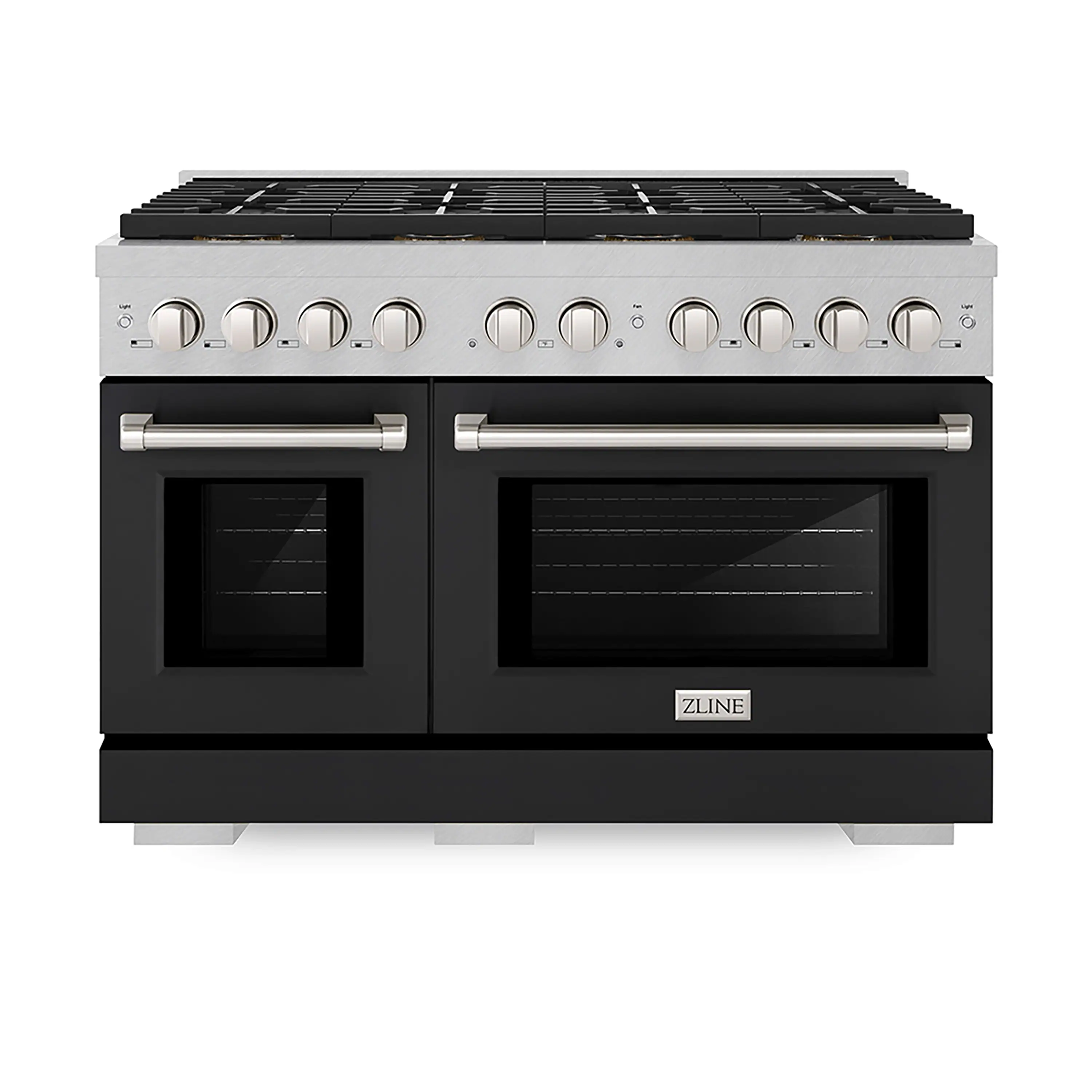 ZLINE 48-Inch 6.7 cu. ft. Paramount Dual Fuel Range with 8 Burner DuoPro鈩?Cooktop and Dual Ovens in Satin Stainless Steel with Black Matte Doors (PSDRS-BLM-48)