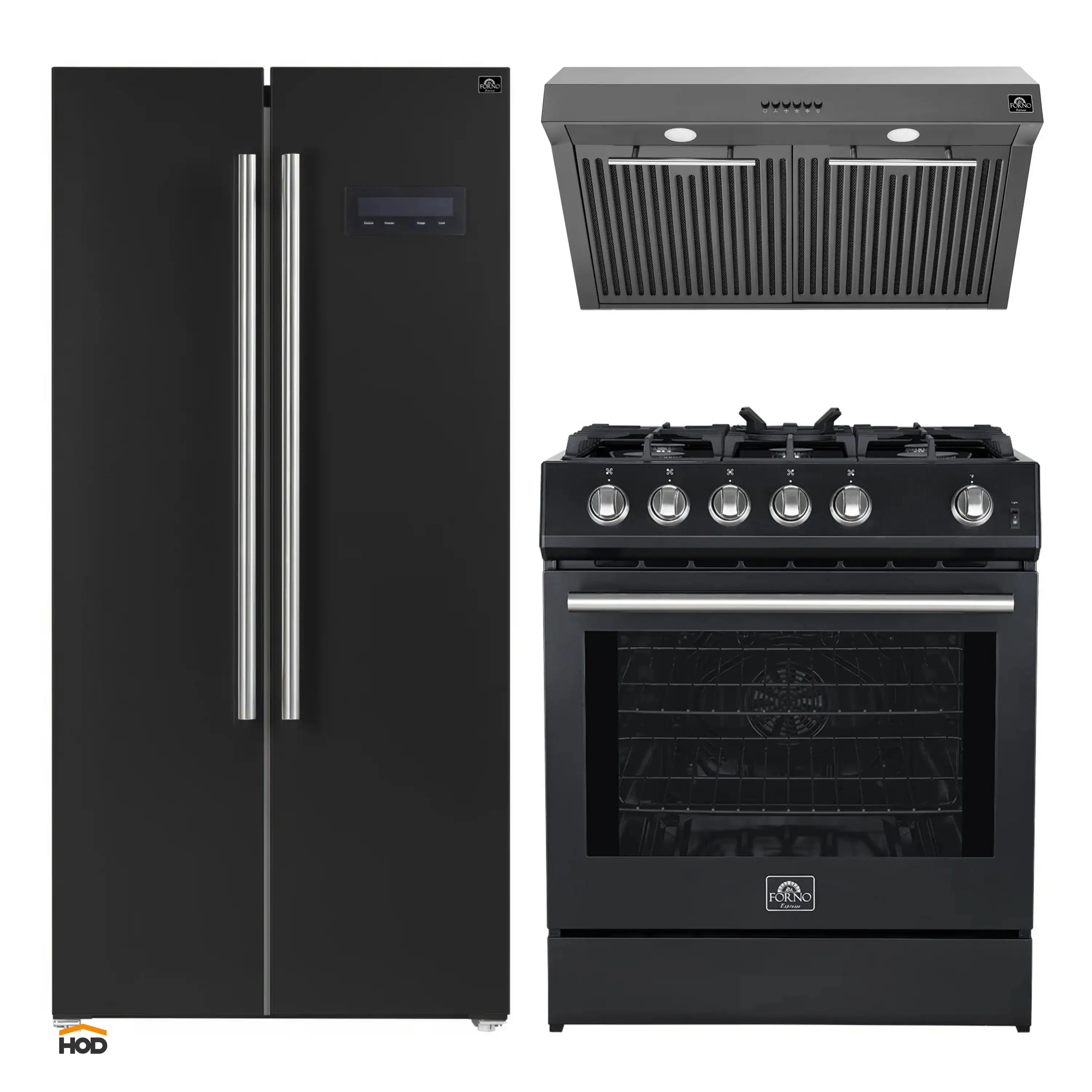 Forno 3-Piece Appliance Package - 30-Inch Gas Range, Under Cabinet Range Hood, and Refrigerator in Black with Stainless Steel Trim