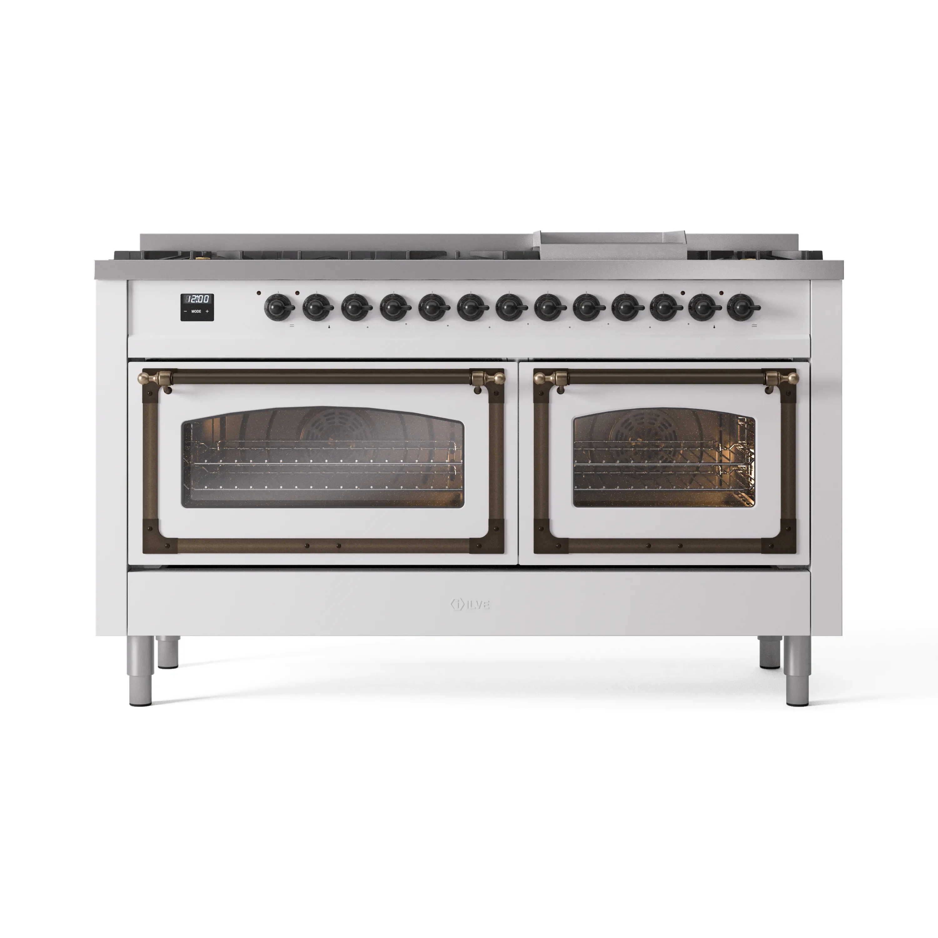 ILVE 60-Inch Nostalgie II Noblesse Dual Fuel Range with 9 Sealed Burners, Griddle, Triple Glass Door Oven in White with Bronze Trim (UN60FNMPWHB)
