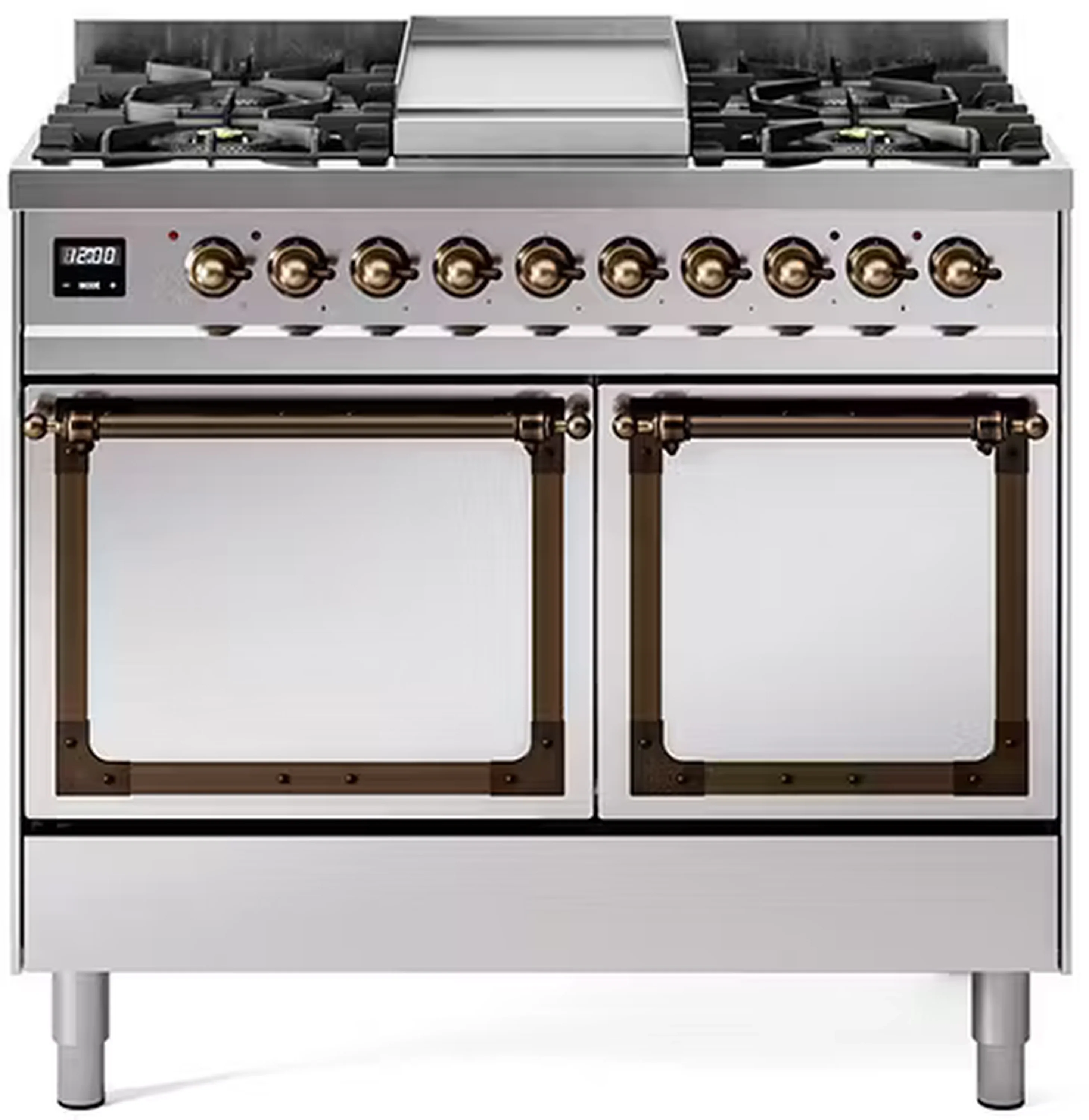 ILVE 40-Inch Nostalgie II Noblesse Dual Fuel Range with Solid Door Oven in Stainless Steel with Bronze Trim (UND40FQNMPSSB)