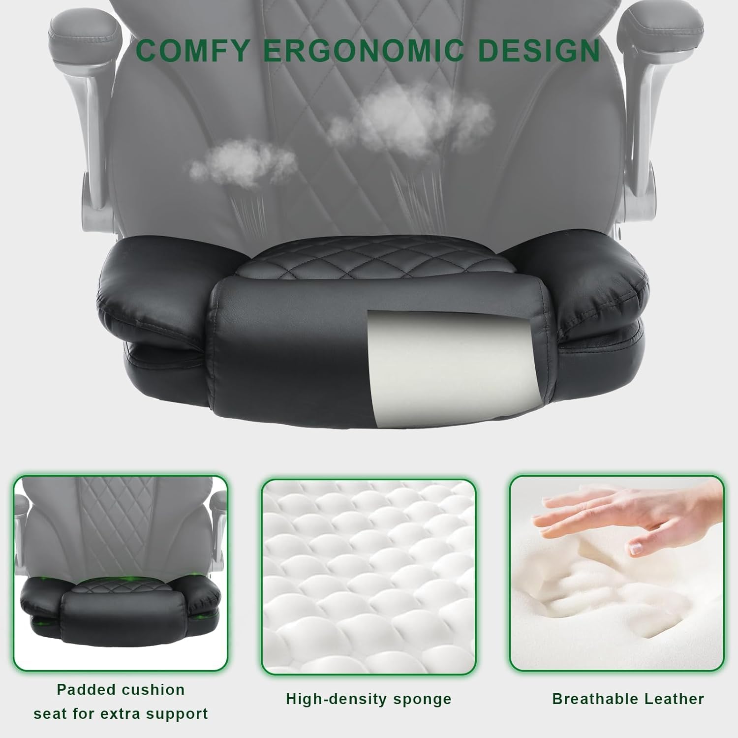 KCREAM Office Chair, Leather Office Chairs with Flip up Arms,Rocking High Back Cpmputer Desk Chairs with Lumbar Support, Executive Chairs with Wheels,Swivel Task Rolling Chair for Adult, Black